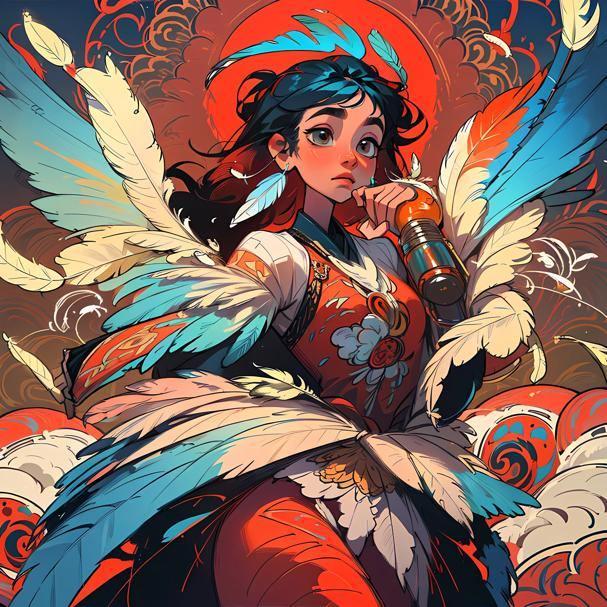 (Masterpiece, Top Quality, Best Quality, Official Art, Beauty and Aesthetics: 1.2), (1girl: 1.3), Very Detailed, (Fractal Art: 1.1), (Blue: 1.1) (Flowers: 1.3), Most Detailed, (Zentangle: 1.2), (Dynamic Pose), (Abstract Background: 1.3), (Shiny Skin), (Many Colors: 1.4), ,( earrings), (feathers:1.5), (flamethrowers:1.3), red background, phoenix skirts,