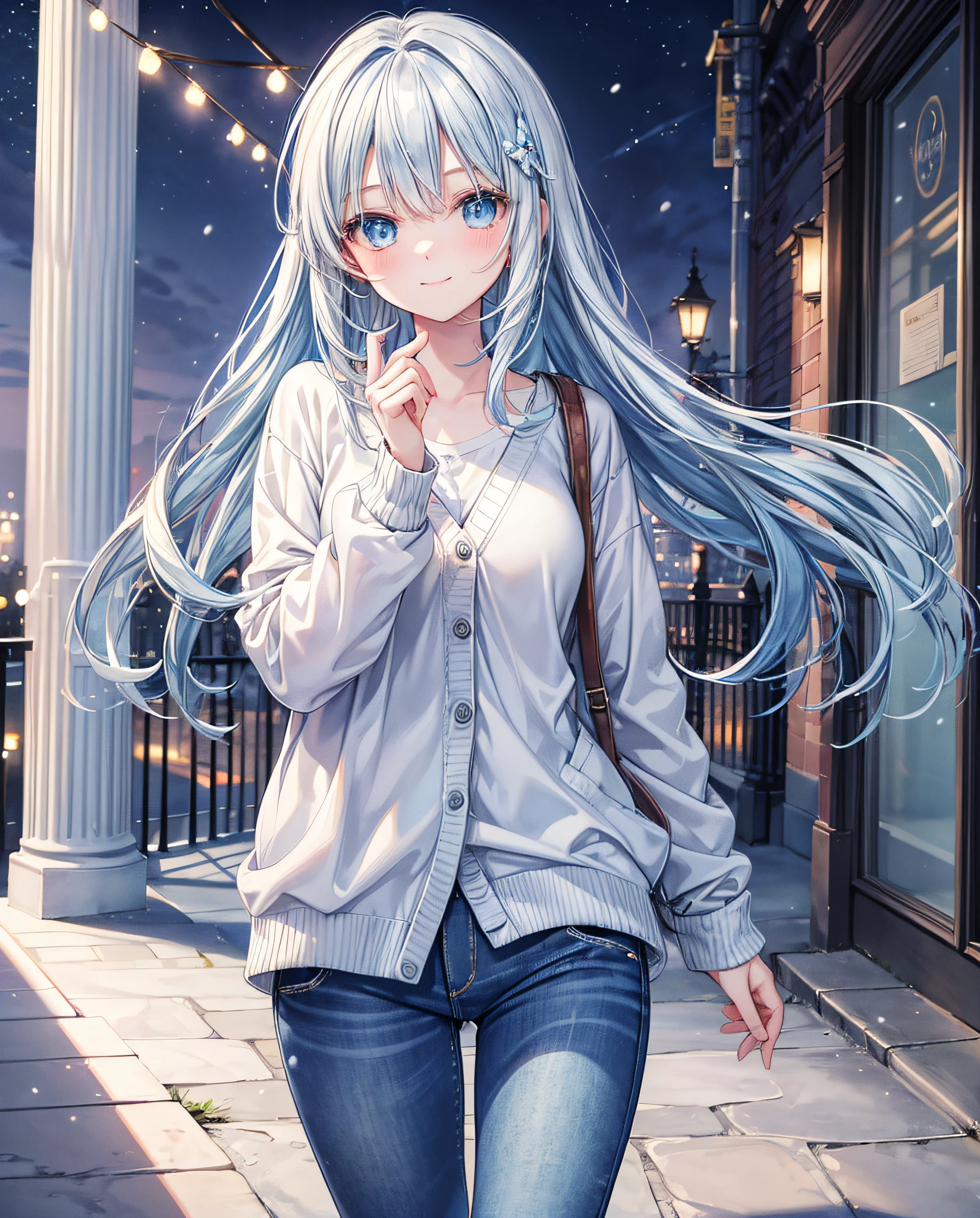 ((best quality, masterpiece)), jeans, snow, light blue hair, princess cut, light blue eyes, alone, smile, diagonal bangs, illumination, night, cardigan, hair ornament