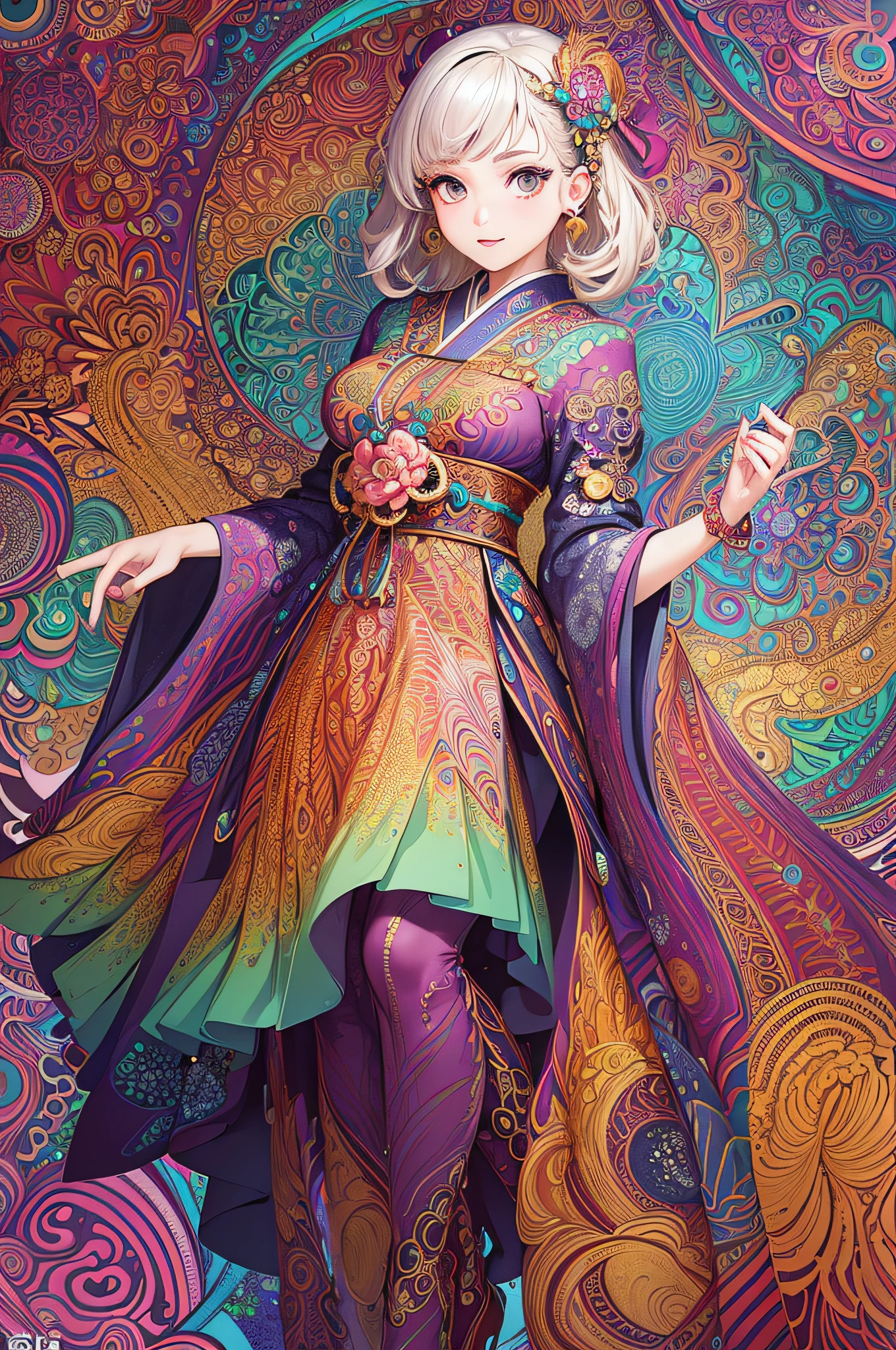 (masterpiece, top quality, best quality, official art, beautiful and aesthetic:1.2), (1girl:1.3), extremely detailed,(fractal art:1.1),(colorful:1.1),highest detailed,(zentangle:1.2), (dynamic pose), (abstract background:1.5), (japanese dress:1.2), (shiny skin), (many colors:1.4), ,(earrings:1.4),