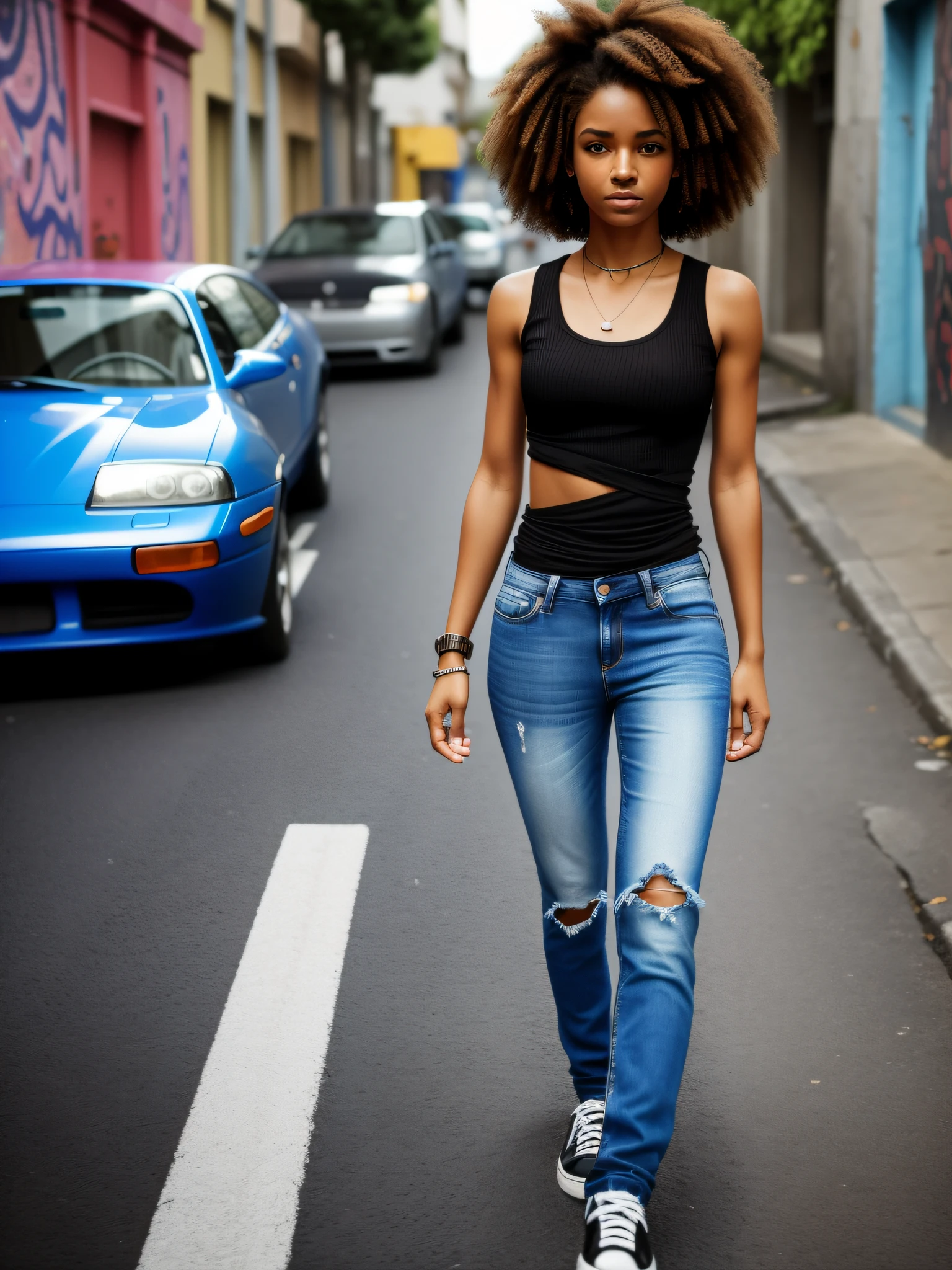 street girl, modern style dress, blue top dress without bra underneath, jeans with rip, with curly brown hair, mulatto skin, a tribal tattoo on the arm, black eyes, ((full body)), ((perfect face)),((perfect iris eyes)), walking in the city by day, on street with some cars and walls with graffiti art, Social realism,  Realism, ray tracing, reflection light, high quality, high details, super detail, 8k, 16k, best quality