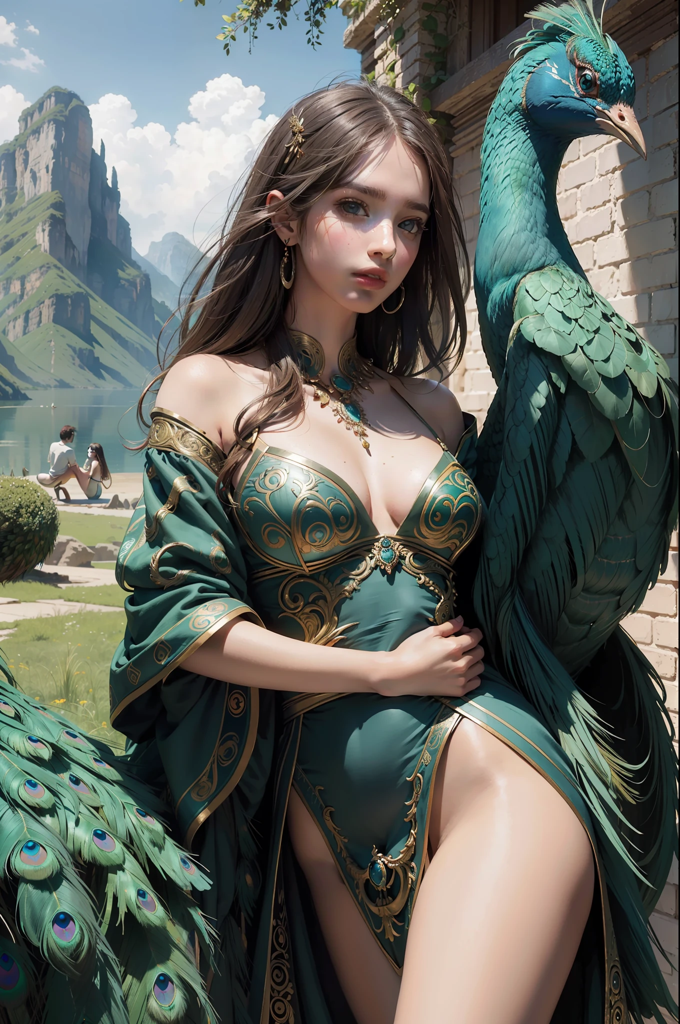 fantastic realism, masterpiece, super detailed, 1 beautiful girl, hugging a giant peacock, plain, background lake, detailed background, (top quality, Alessandro Casa Grande, Greg Rutkowski, Sally Mann, concept art, 4k),