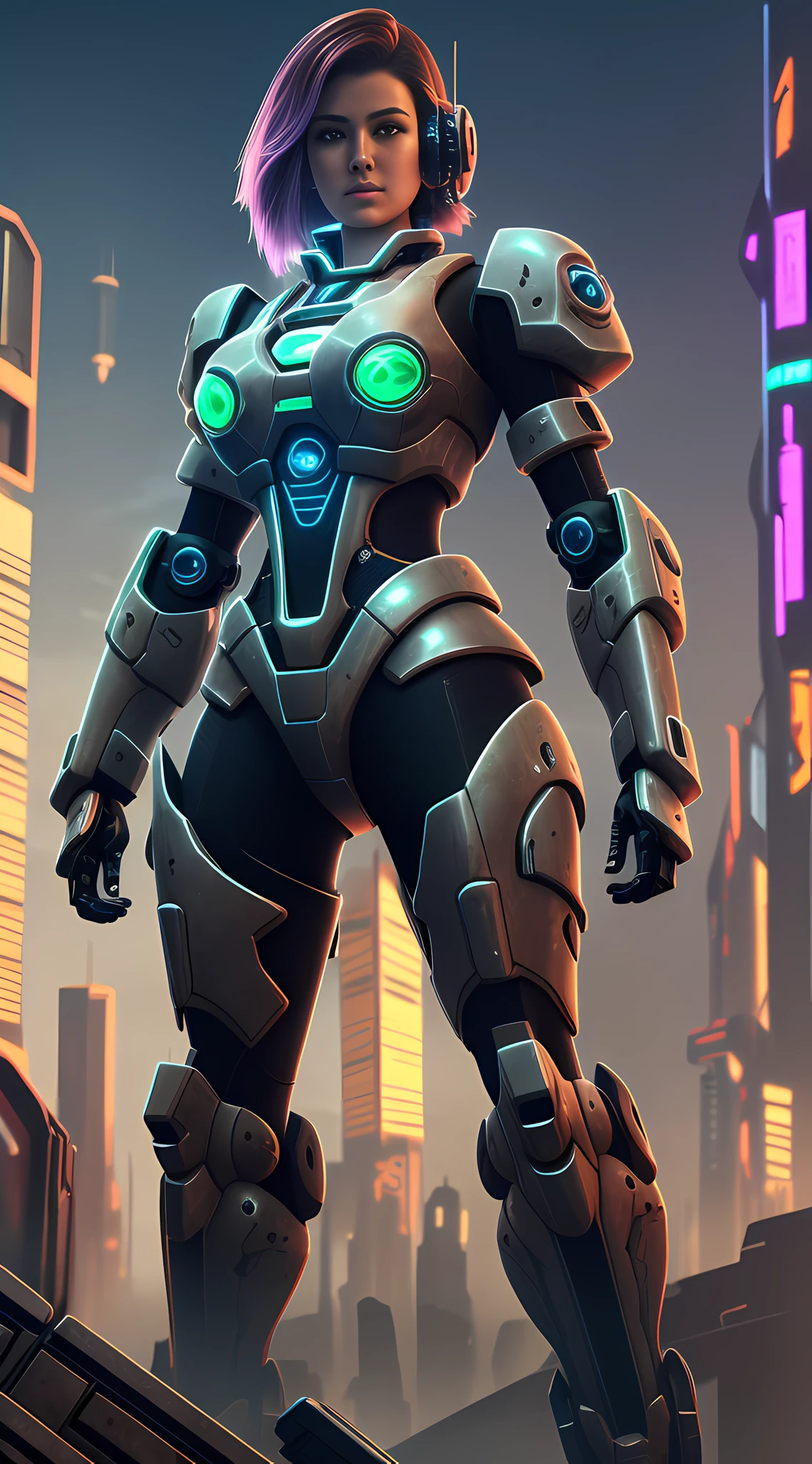 A woman, futuristic technology sense wearing, cyberpunk style, doomsday wind, mecha wind, joint glow, eyes glowing , standing on the doomsday wasteland, techno-style, ray tracing, light reflection
