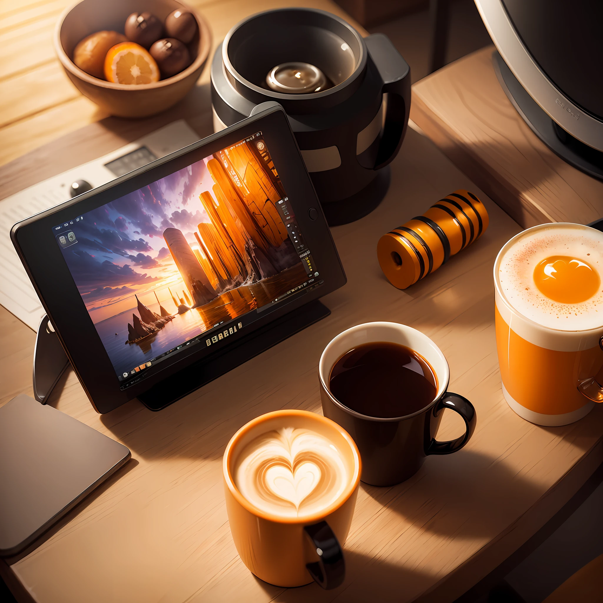 Computer, realistic fantasy, Extensive landscape ultrasound photography (general view showing a mug of coffee, orange, cup of honey), blurred background, gloomy, yellow, purple background, magic