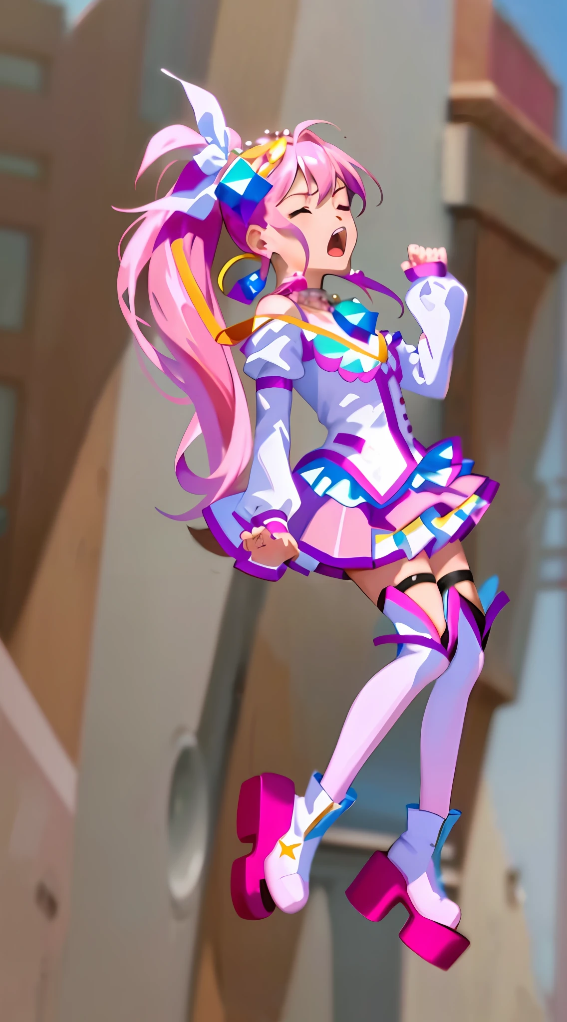 (Masterpiece: 1.5), (Best quality: 1.5), 8k,1 girl, eyes closed, mouth open, screaming, pink hair, single ponytail, white top, pink pleated skirt, pink over-the-knee socks, white boots, sapphire earrings, sapphire necklace, simple background