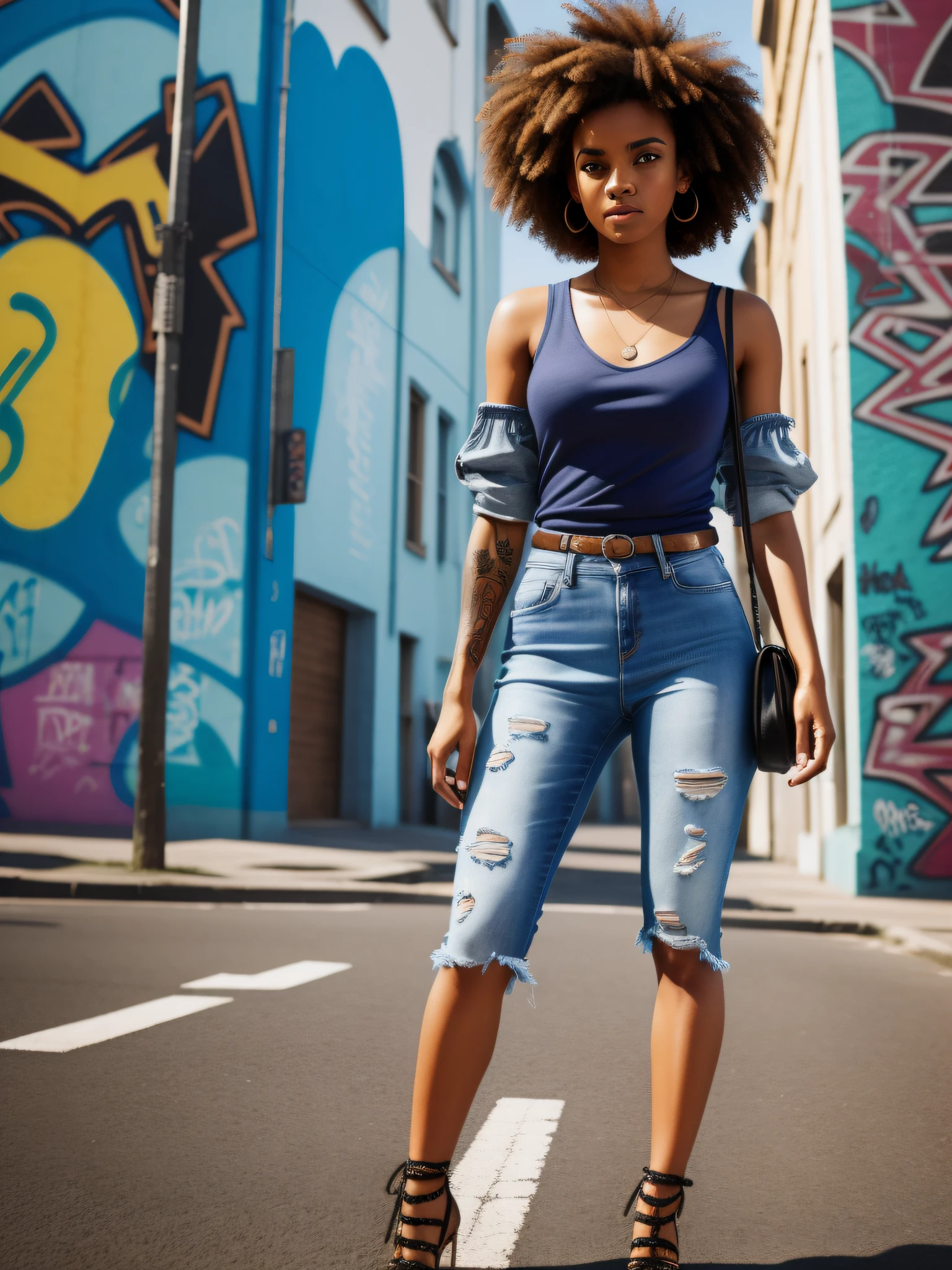 street girl, modern style dress, blue top dress without bra underneath, jeans with rip, with curly brown hair, mulatto skin, a tribal tattoo on the arm, black eyes, ((full body)), ((perfect face)),((perfect iris eyes)), walking in the city by day, on street with some cars and walls with graffiti art, Social realism,  Realism, ray tracing, reflection light, high quality, high details, super detail, 8k, 16k, best quality