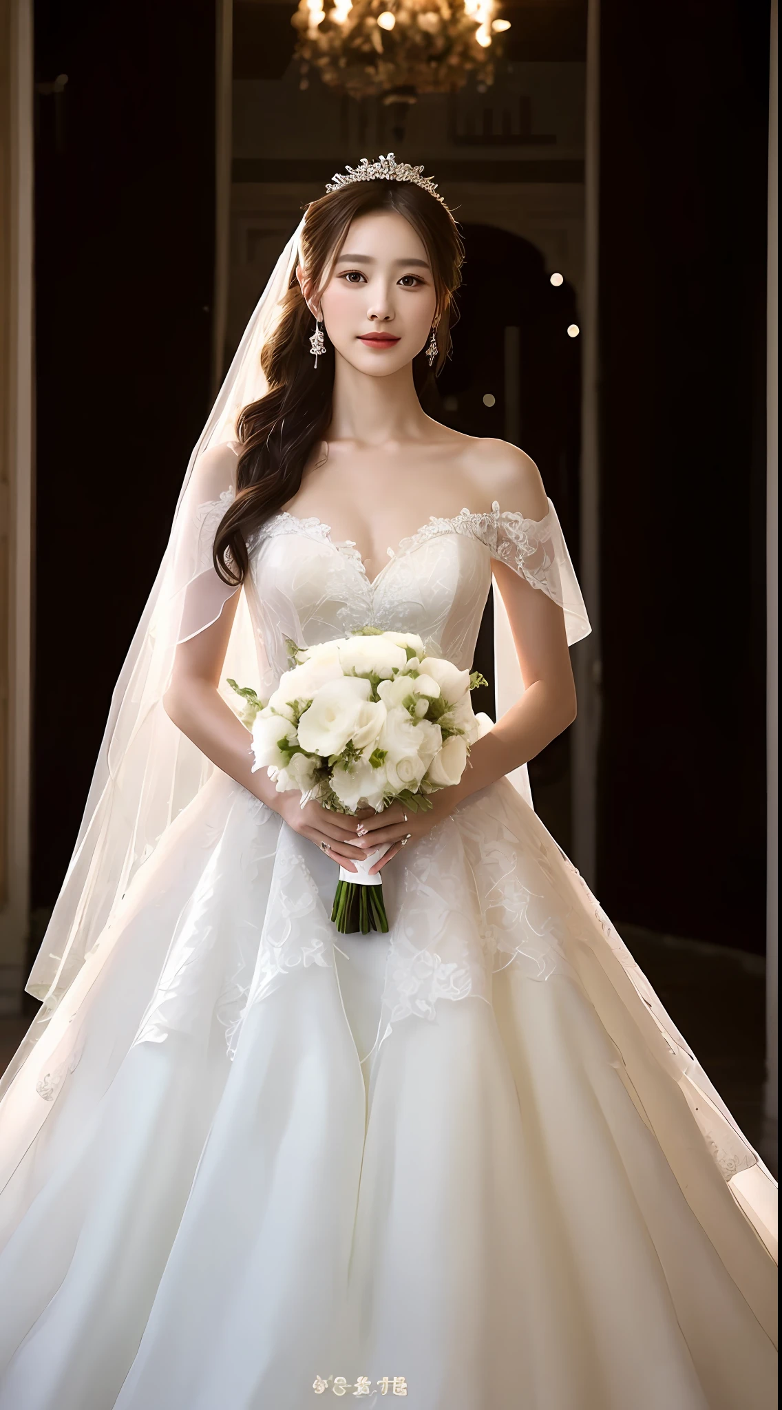 a woman in a wedding dress holding a bouquet of flowers, wearing a wedding dress, wedding dress, gown, beautiful wedding dress, wearing organza gown, beautiful south korean woman, in wedding dresses, dressed beautiful gown, white gown, elegant and graceful, beautiful gown, wearing long gown, sha xi, lovely woman, gorgeous young korean woman, inspired by Liu Haisu