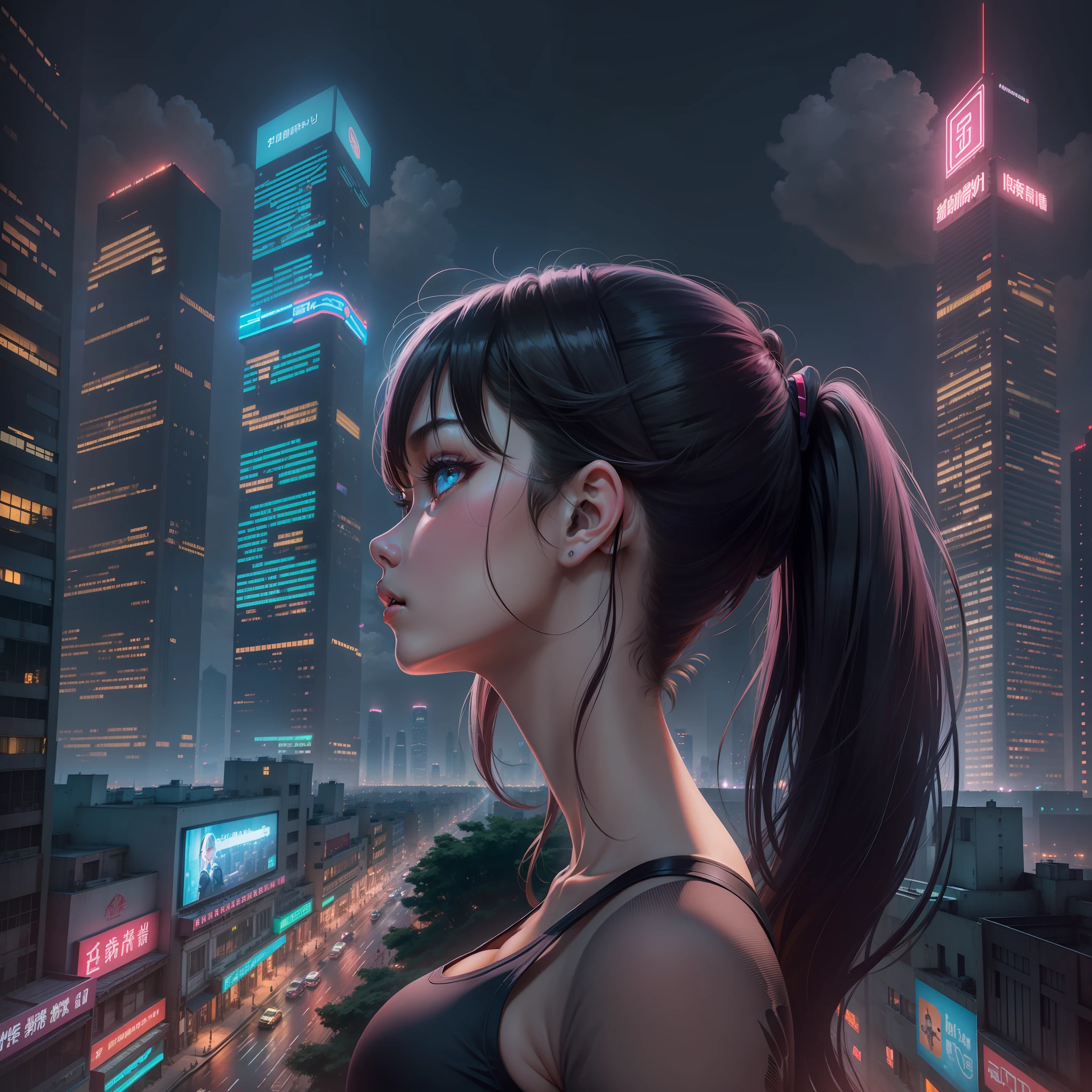(Background of Guangzhou landmark building), Bustling night in vehicles, Neon flashing, Lonely girl, Looking at the sky in a daze, medium boobs, 22 years old, short ponytail, heterochromia, UHD, anatomically correct, high details, 16k