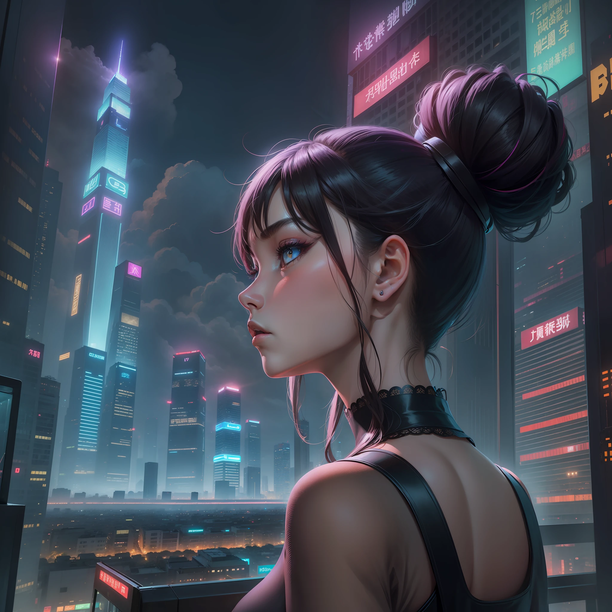 (Background of Guangzhou landmark building), Bustling night in vehicles, Neon flashing, Lonely girl, Looking at the sky in a daze, medium boobs, 22 years old, short ponytail, heterochromia, UHD, anatomically correct, high details, 16k