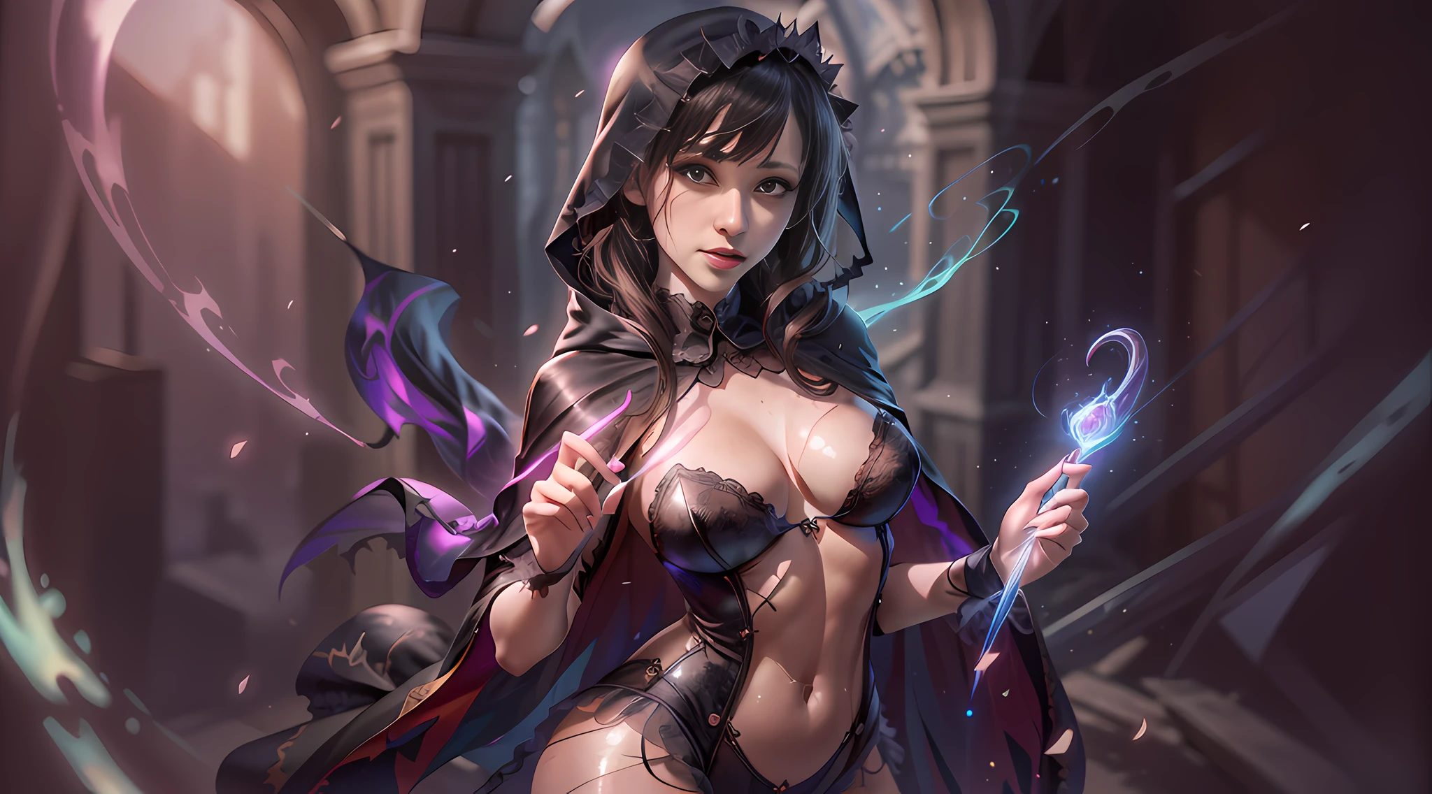A woman, holding a magic wand, lace tulle tights, cape cape, broken cloak cape, full of magic, magic special effects, beautiful girl, model, beautiful body and face, attractive body, beautiful woman, sexy girl, gorgeous young woman, perfect body, sexy body, sexy body and face, beautiful body, beautiful model girl, ray tracing, bright colors, realistic style