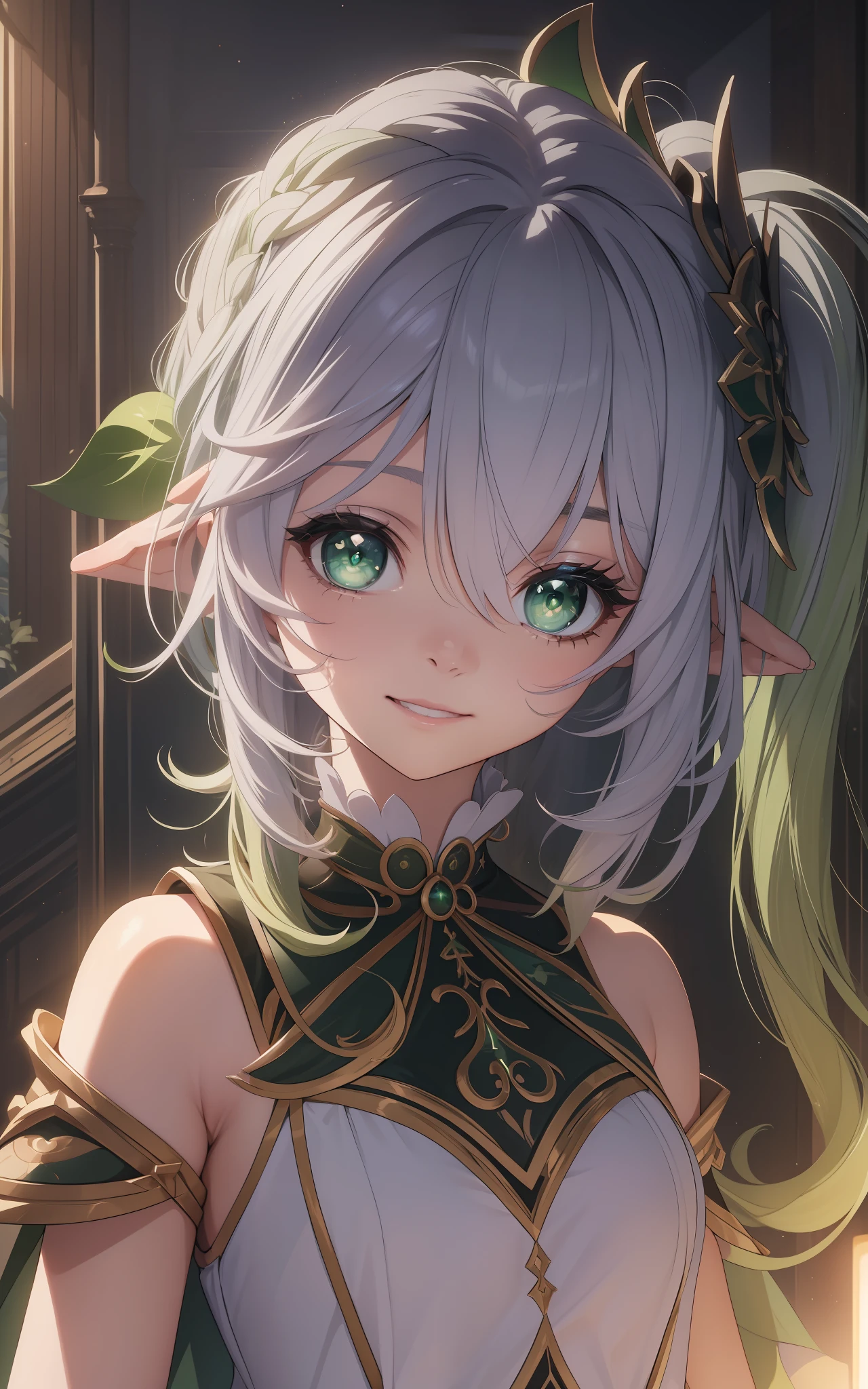 Nahida, Genshin impact, anime girl with green eyes looking at the camera with a beautiful and attractive smile, colorful lens reflections, elf ear, stars in her fixed eyes, light through glass, breathtaking rendering, extreme close-up, anime cg art, cute girl, attractive anime girl, beautiful anime girl, kantai collection style,  cute cute beautiful anime woman, detailed digital anime art, beautiful anime girl, beautiful anime girl, | Fine detail anime, (Anime Girl), best quality, masterpiece, ultra-detailed, beautiful, highres, original, absurdres,CG 8K ultra realistic, perfect artwork, (((perfect female figure)), female, narrow waist, clean, beautiful face, pure face, skin, hyper realistic, ultra detailed, detailed eyes, lush body, dramatic lighting, dynamic pose, (realistic) realistic, (masterpiece:1.3), (absurdres:1.3), (best quality:1.3), HD,  FULL HD, bright lights, best quality, best quality, beautiful lighting, (8k wallpaper of extremely detailed CG unit), high details, sharp focus, dramatic and photorealistic painting art, beautiful smile, incredibly detailed face, hyper detailed face, hyper realistic face, face with lots of details, perfect nose, well made hands, making hands a camera, 5 fingers,  Gorgeous smile, a green star in the eye, perfect eyeshadows, wink, hyper detailed eyes
