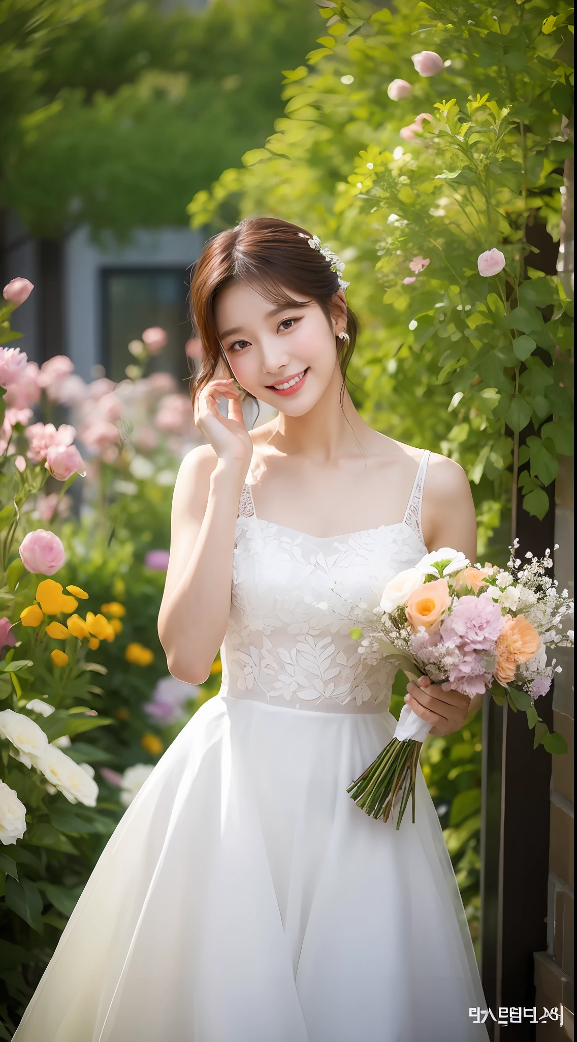 arafed woman in a white dress holding a bouquet of flowers, beautiful south korean woman, beautiful young korean woman, gorgeous young korean woman, with flowers, cute korean actress, beautiful and smiling, hwang se - on, inspired by Kim Jeong-hui, lee ji-eun, lee ji - eun, jaeyeon nam, jinyoung shin, heonhwa choe