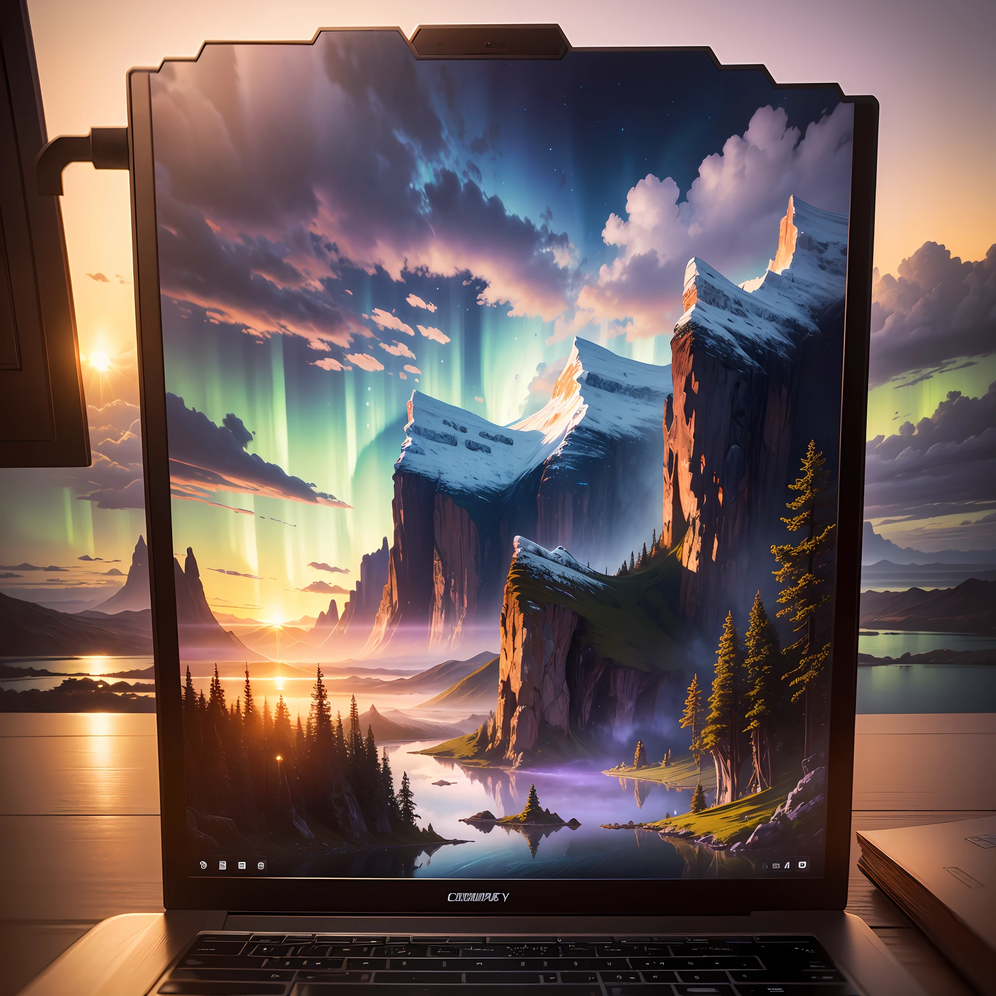 Computer, realistic fantasy, Extensive landscape ultra photography (general view showing glass glass, coffee, clouds, dawn, , dew drops, northern lights, ), blurred background, gloomy, yellow, purple background, magic