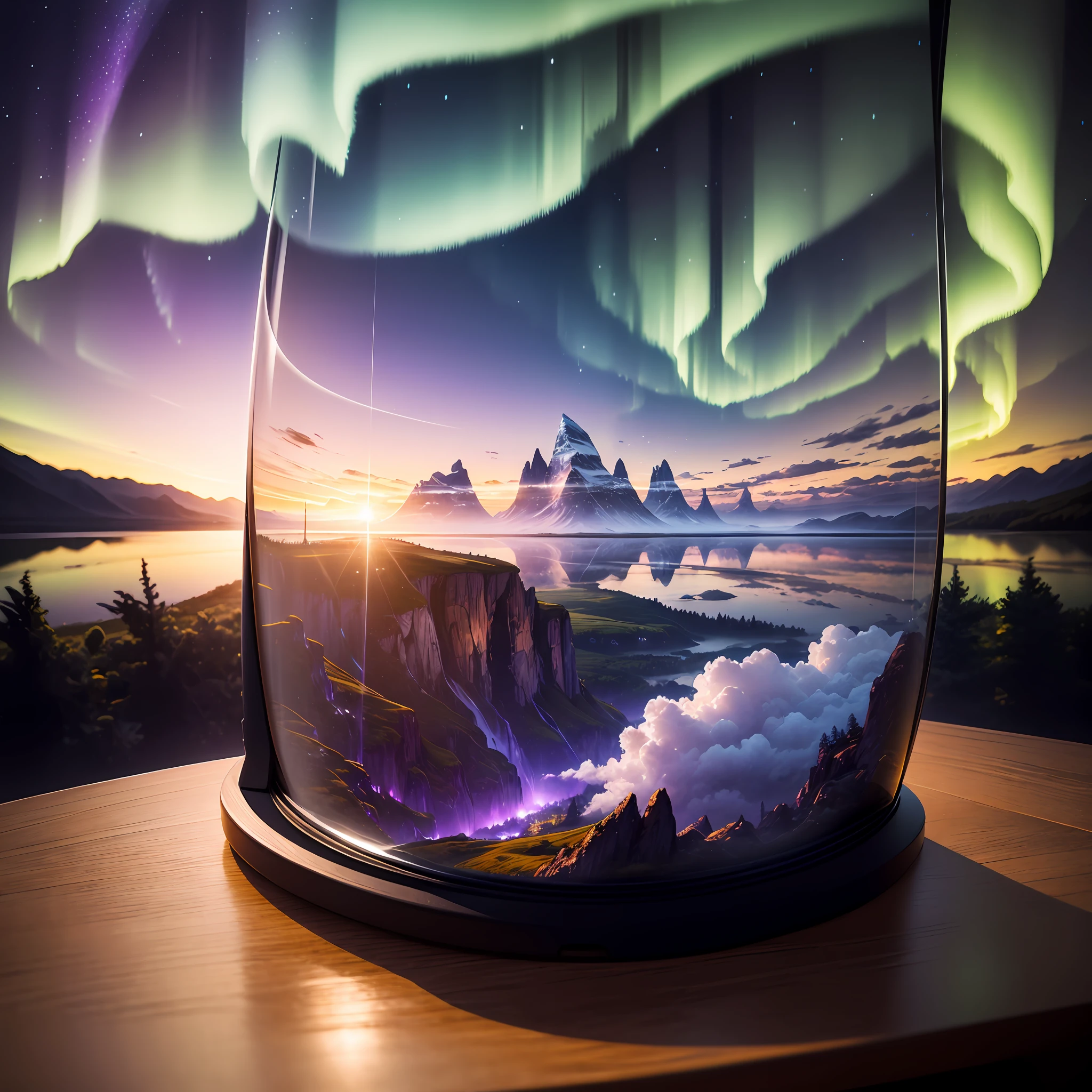 Computer, realistic fantasy, Extensive landscape ultra photography (general view showing glass glass, coffee, clouds, dawn, , dew drops, northern lights, ), blurred background, gloomy, yellow, purple background, magic
