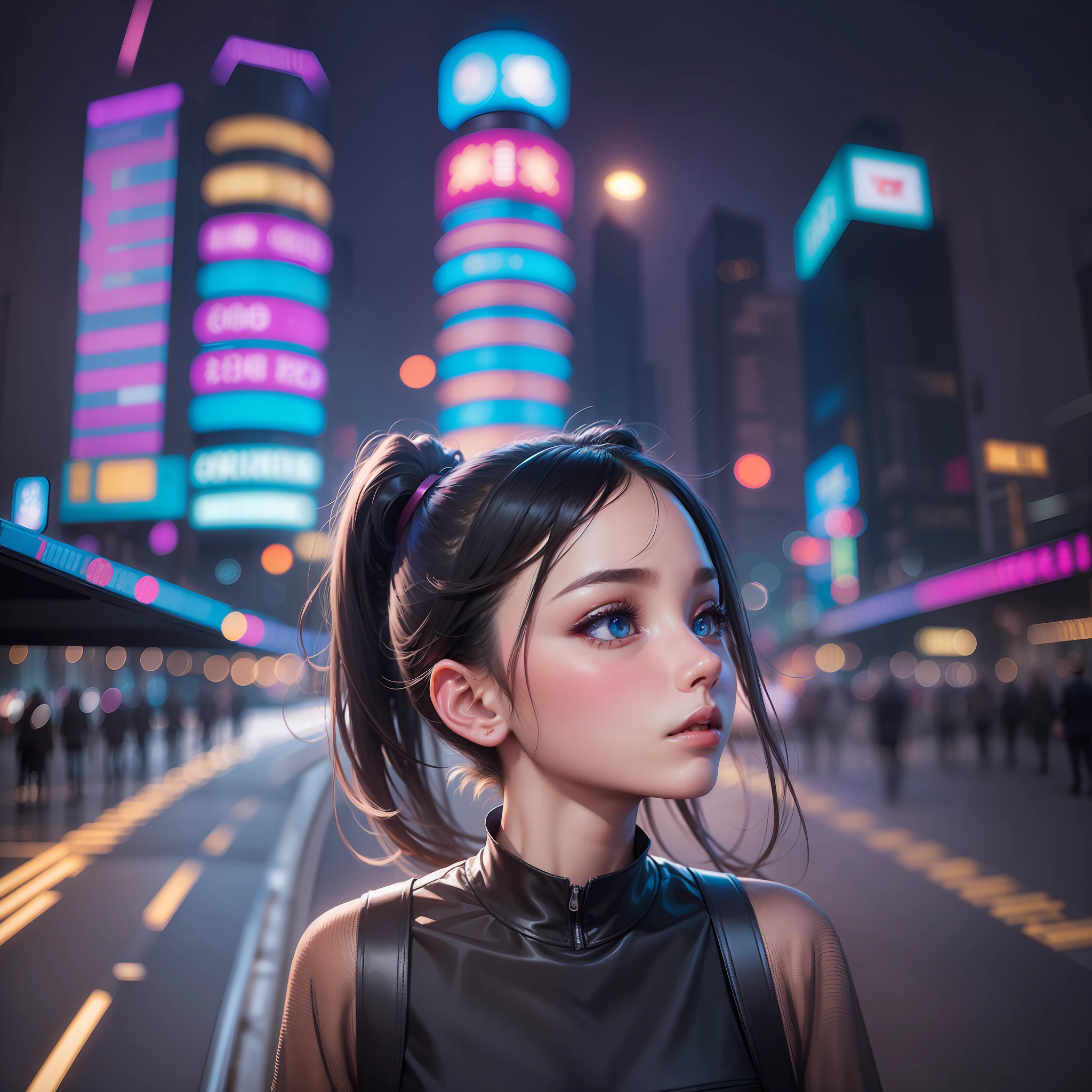 (Guangzhou landmark architectural background), bustling night inside car, neon flashing, lonely girl, looking at the sky in a daze, 22 years old, plain, short ponytail, heterochromia, UHD, anatomically correct, high detail, 16k