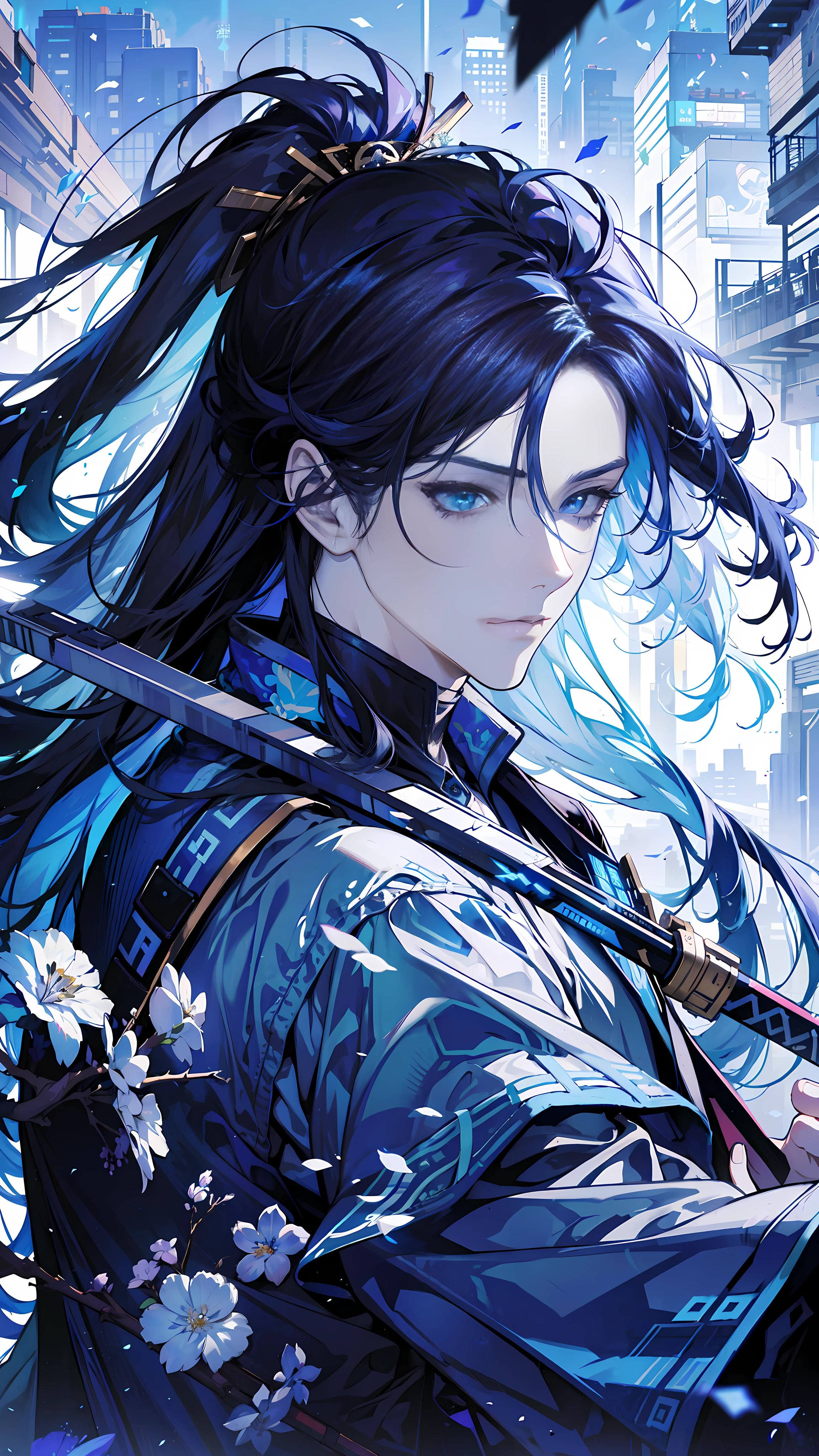 Blue-purple style, looking at you, good eyes, messy hair, broken hair, long hair, chivalry, very beautiful cyberpunk digital artwork, male focus, handsome, heroic and sassy, beautiful man, wearing a blue and white kimono, long sword on the shoulder, chivalric style, high-quality detail depiction, blurred background and soft light set off, middle side shooting, middle side perspective, pattern decorations and accessories, broken flowers and flying flowers, rich fog surrounding, light and shadow change extremely exquisite. Anime style 4k wallpaper.