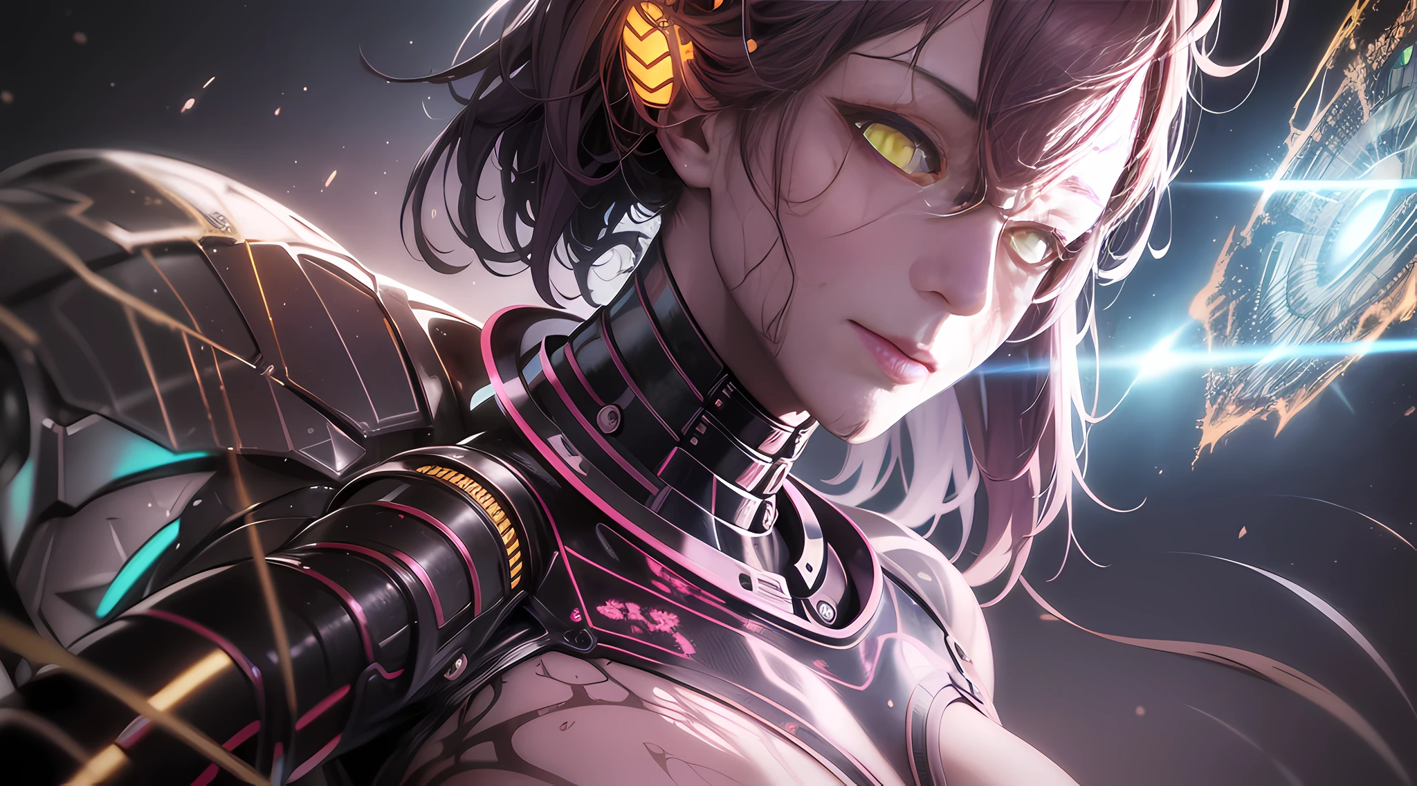 Torso limbs for mechanical, cyborg, lace suit combined with mechanical armor, sense of technology, lighting, scarring, refraction, posing, super fine, HD, 8K, highlights, good lighting, the most amazing effects, sci-fi, ((art of carne griffiths and sean yoro)) ray tracing, light reflection, body glow, realistic style