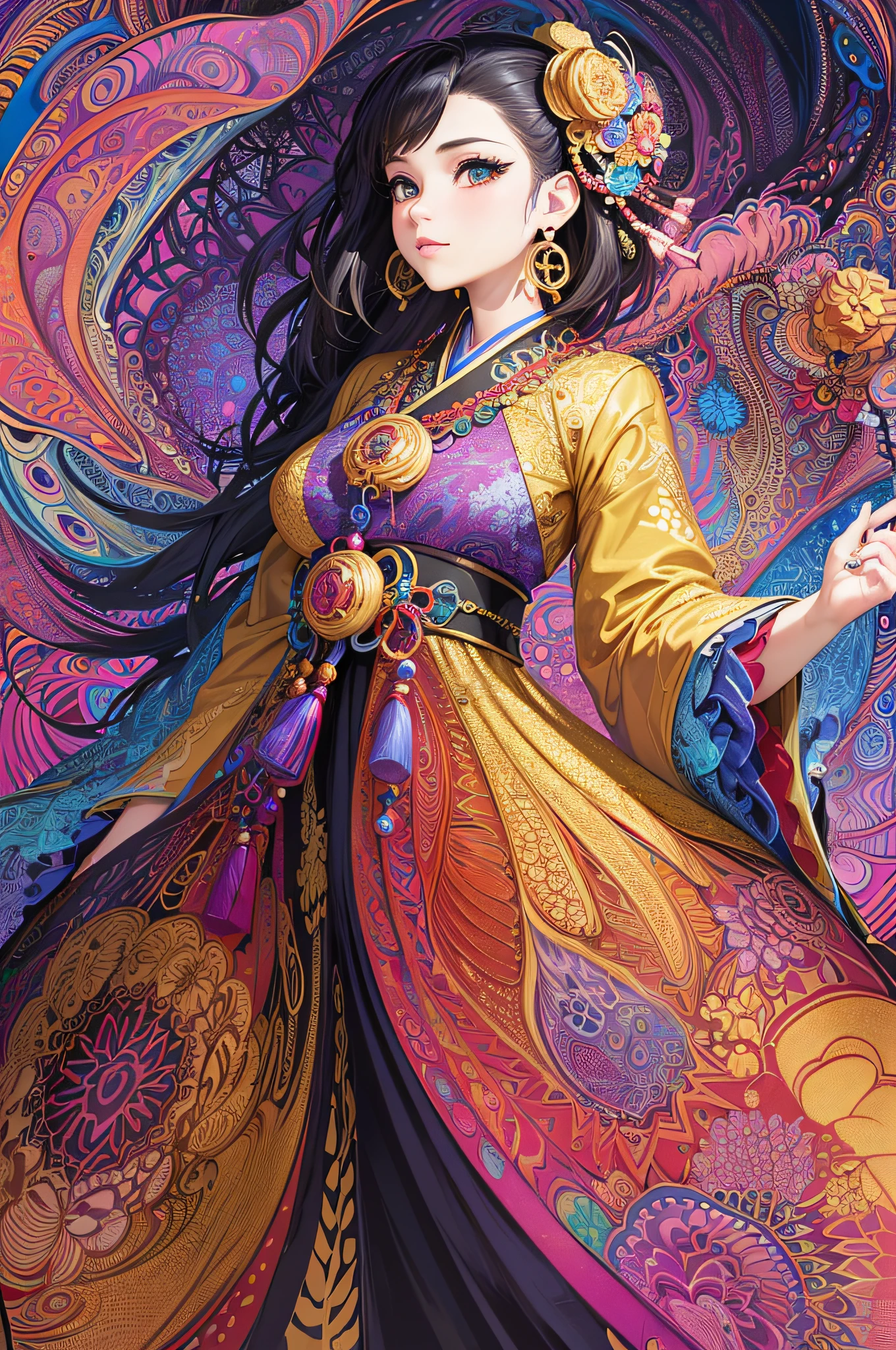 (masterpiece, top quality, best quality, official art, beautiful and aesthetic:1.2), (1girl:1.3), extremely detailed,(fractal art:1.1),(colorful:1.1),highest detailed,(zentangle:1.2), (dynamic pose), (abstract background:1.5), (japanese dress:1.2), (shiny skin), (many colors:1.4), ,(earrings:1.4),
