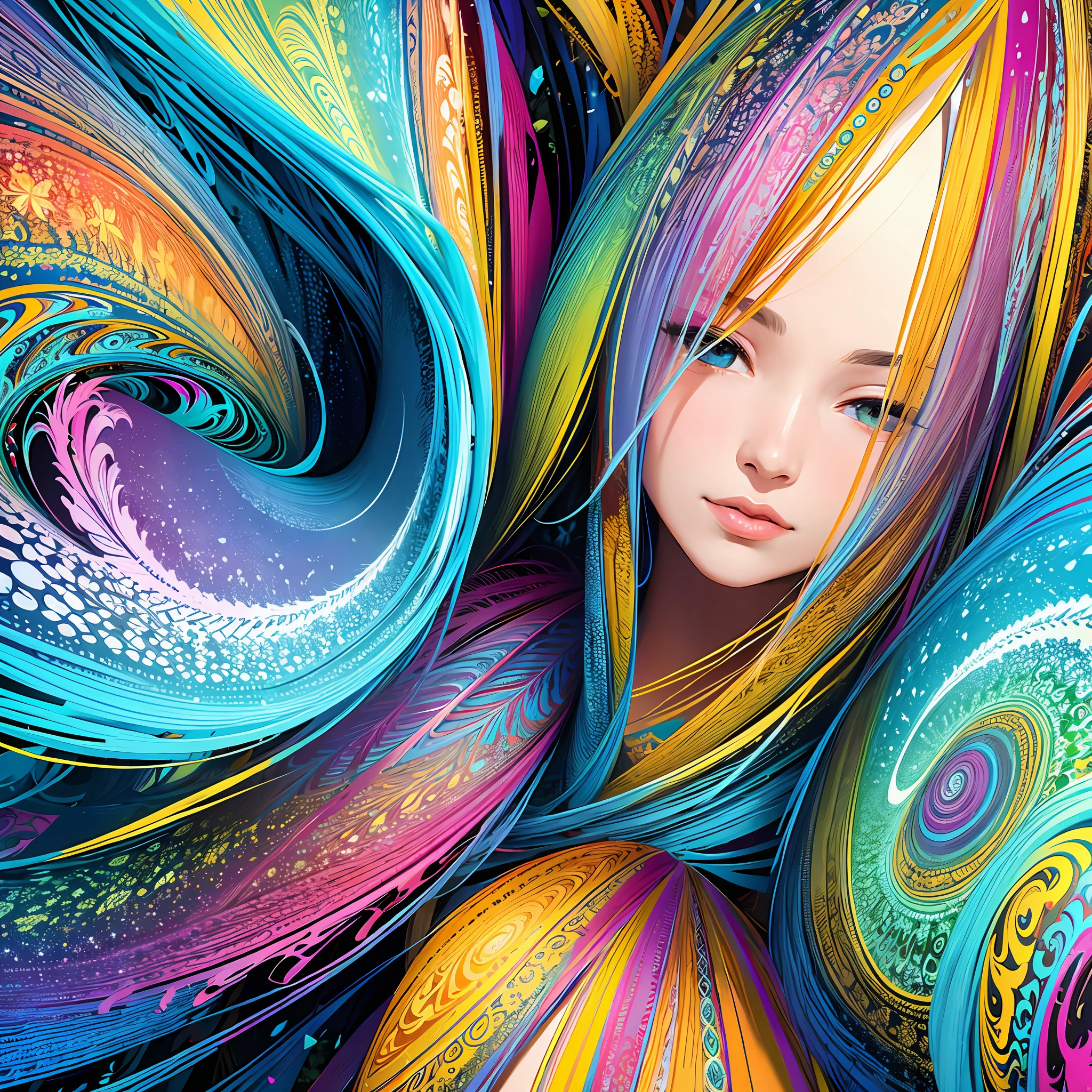 colorful flowers, feather, (masterpiece, top quality, best quality, official art, beautiful and aesthetic:1.2), (fractal art:1.3),