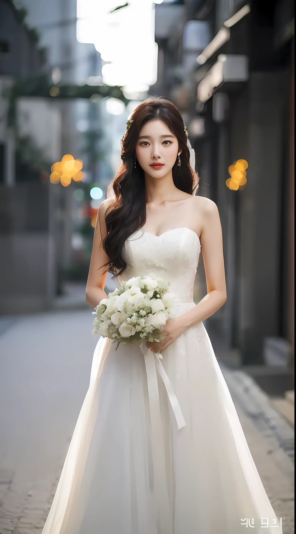 a woman in a wedding dress holding a bouquet of flowers, gorgeous young korean woman, beautiful south korean woman, beautiful young korean woman, korean women's fashion model, cute korean actress, korean woman, korean girl, wedding dress, jaeyeon nam, a cute young woman, jinyoung shin, female actress from korea, lovely woman, white gown, beautiful asian girl