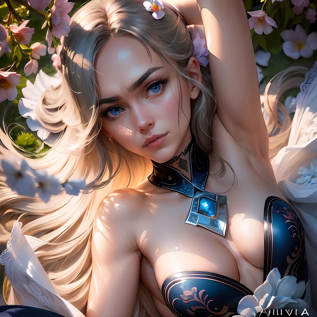 full shot, full detailed body, (actress Svetlana Khodchenkova: 2) walks along the alley of the garden of blooming Japanese sakura, the ground is strewn with fallen sakura petals, her eyes are visible through her hair, she is wearing a detailed Greek tunic dress, short and transparent, through which you can see a graceful body and legs, transparent body silhouette, aspen waist, bright sapphire eye color, detailed iris pupil, detailed eyes, detailed fluffy eyelashes, detailed dark eyebrows, beautiful face, beautiful skin, skin pores, skin luster, caucasian skin tone, perfect physique, detailed slim graceful body, detailed long slender legs in stiletto heels, HDR, headlight, contour light, sun rays, front light, soft light, soft shadows on the face, lens flare, flare, dslr hasselblad 500c long focus 200mm f /1.2 ISO 100, high resolution, clear focus, 500 px website, (style as JOSE VILLA:2) --auto --s2