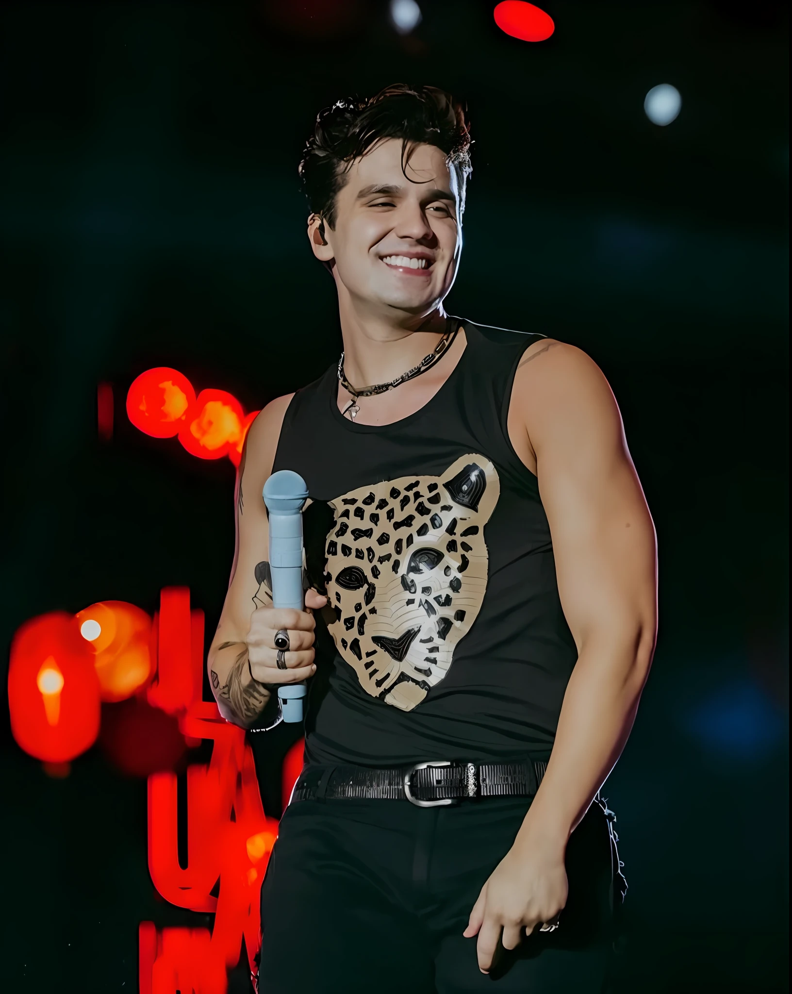 araffed man in black shirt holding a microphone and smiling, raphael personnaz, by Amelia Peláez, by Elena Guro, in a white tank top singing, arian mark, performing on stage, inspired by Kristian Kreković, sebastian luca, cocky smirk, daniel mirante, taken in the early 2020s