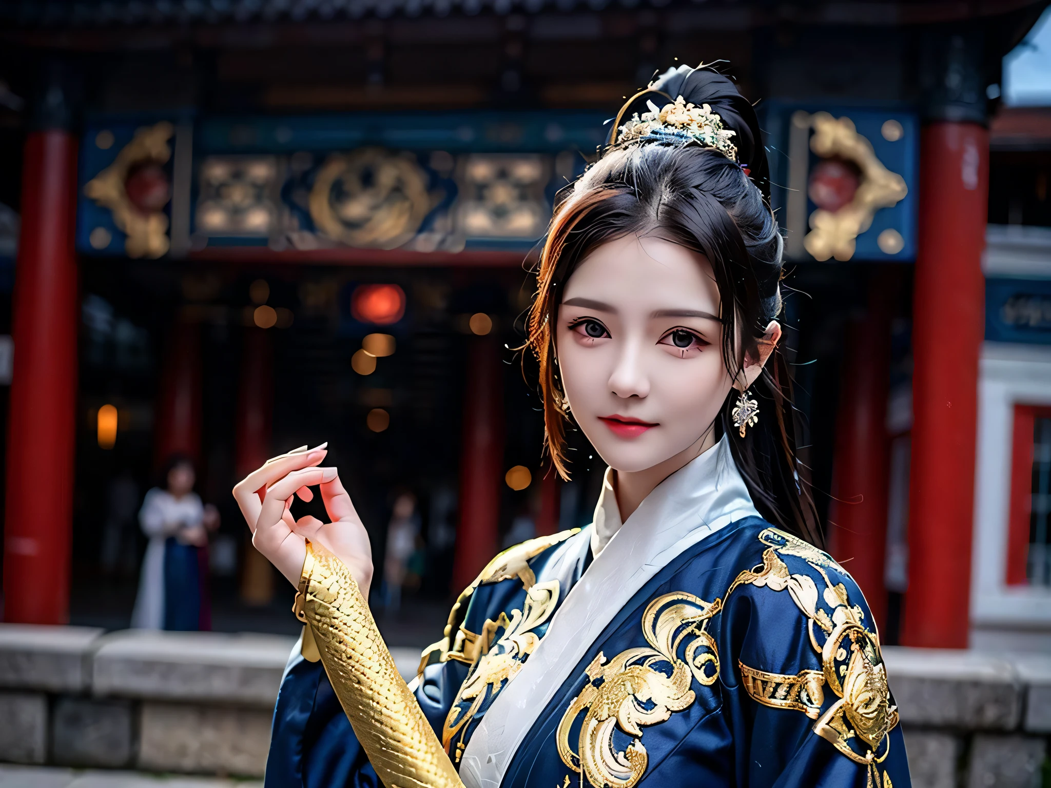 feiyu_clothes, blue fabric, gold embroidery, black bracer with golden embroidery, high ponytail, depth of field, night cityscape, (6+girls:1.5), ulzzang-6500v1.1, (original: 1.2), (realistic: 1.3) , beautiful girl with beautiful details, extremely detailed eyes and face, eyes with beautiful details, absurd, incredibly absurd, huge file size, ultra detail, high resolution, ultra detailed, best quality, masterpiece, illustration, ultra detailed and beautiful, ultra detailed, CG, unity, 8k wallpaper, amazing, fine Detail, masterpiece, top quality, official art, extremely detailed CG unity 8k wallpaper, cinematic lighting, (perfect shiny skin:0.6), slim and smooth lines, (floating), (small breasts:1), earrings , masterpiece, best quality,