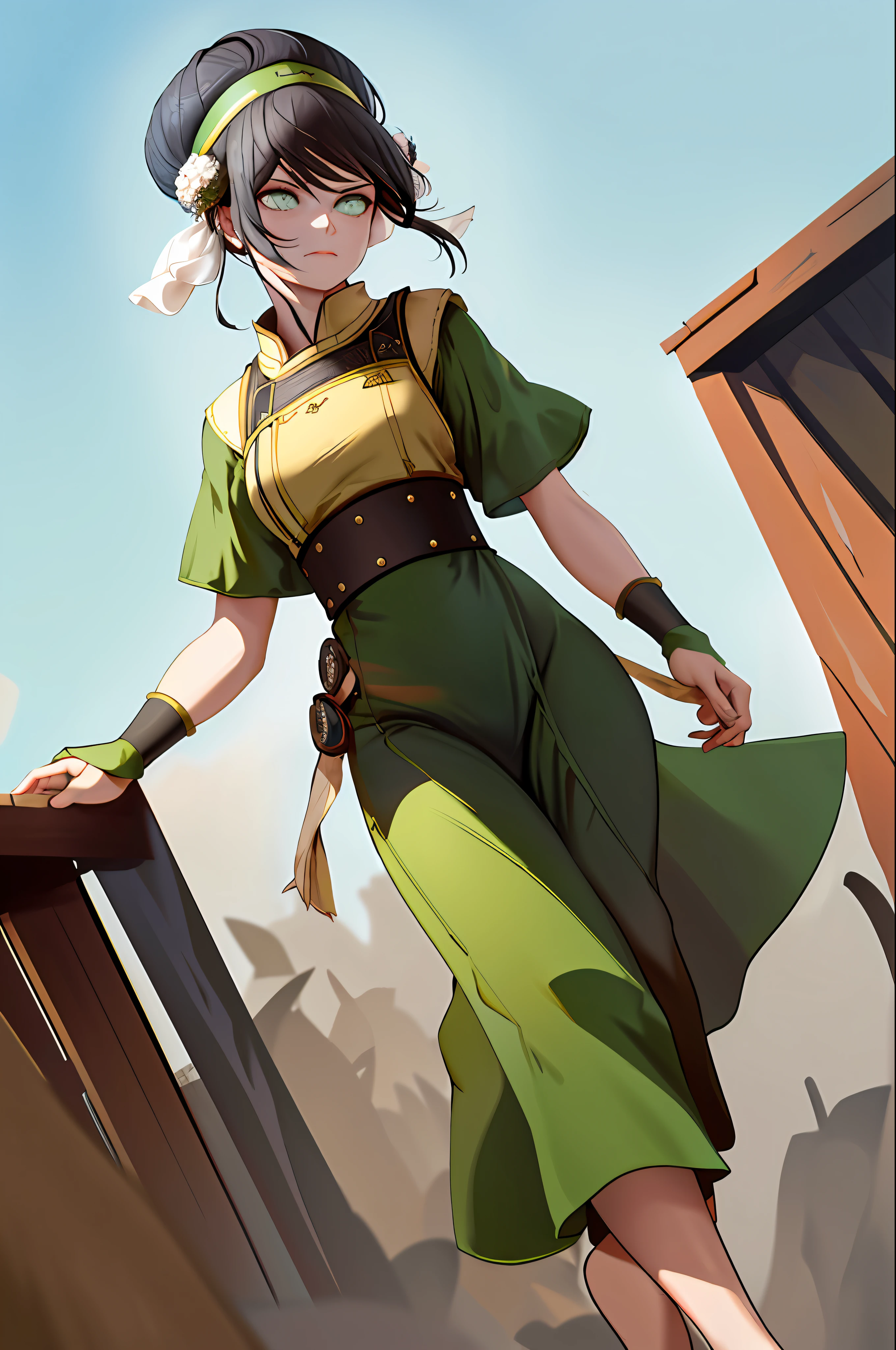 masterpiece, best quality, highres, 1girl, solo, black hair, hair band, belt, short hair, dress, green eyes, hair bun, green hair band, blind, empress clothes, hair bun, green dress, short sleeves, pelvic curtain, bare feet, badass posture, rock, outdoor,