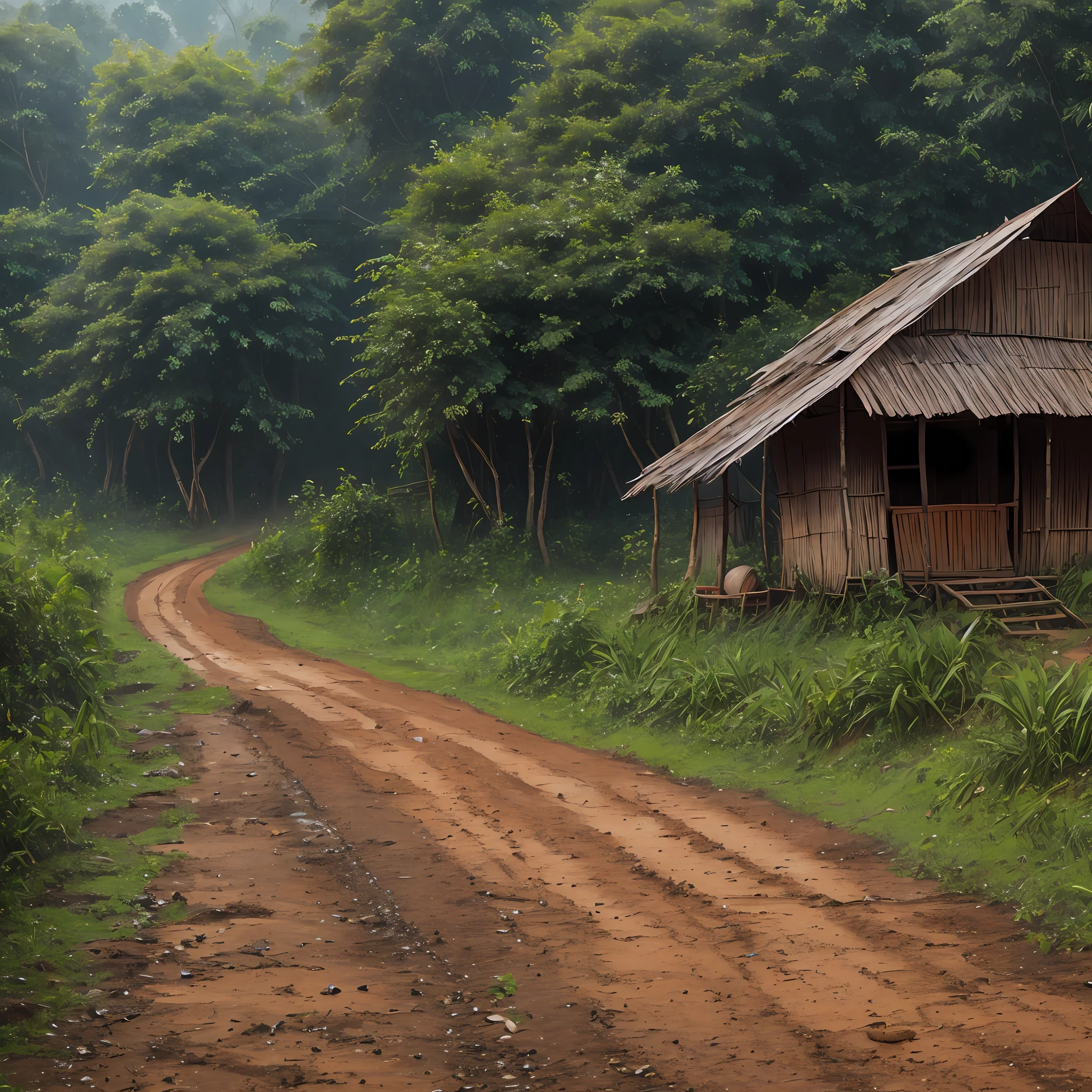 Burmese rural village, dirt road, shabby hut, muddy road, big trees, mist, rain, forest, nature, realistic, real detail, 8K --auto --s2
