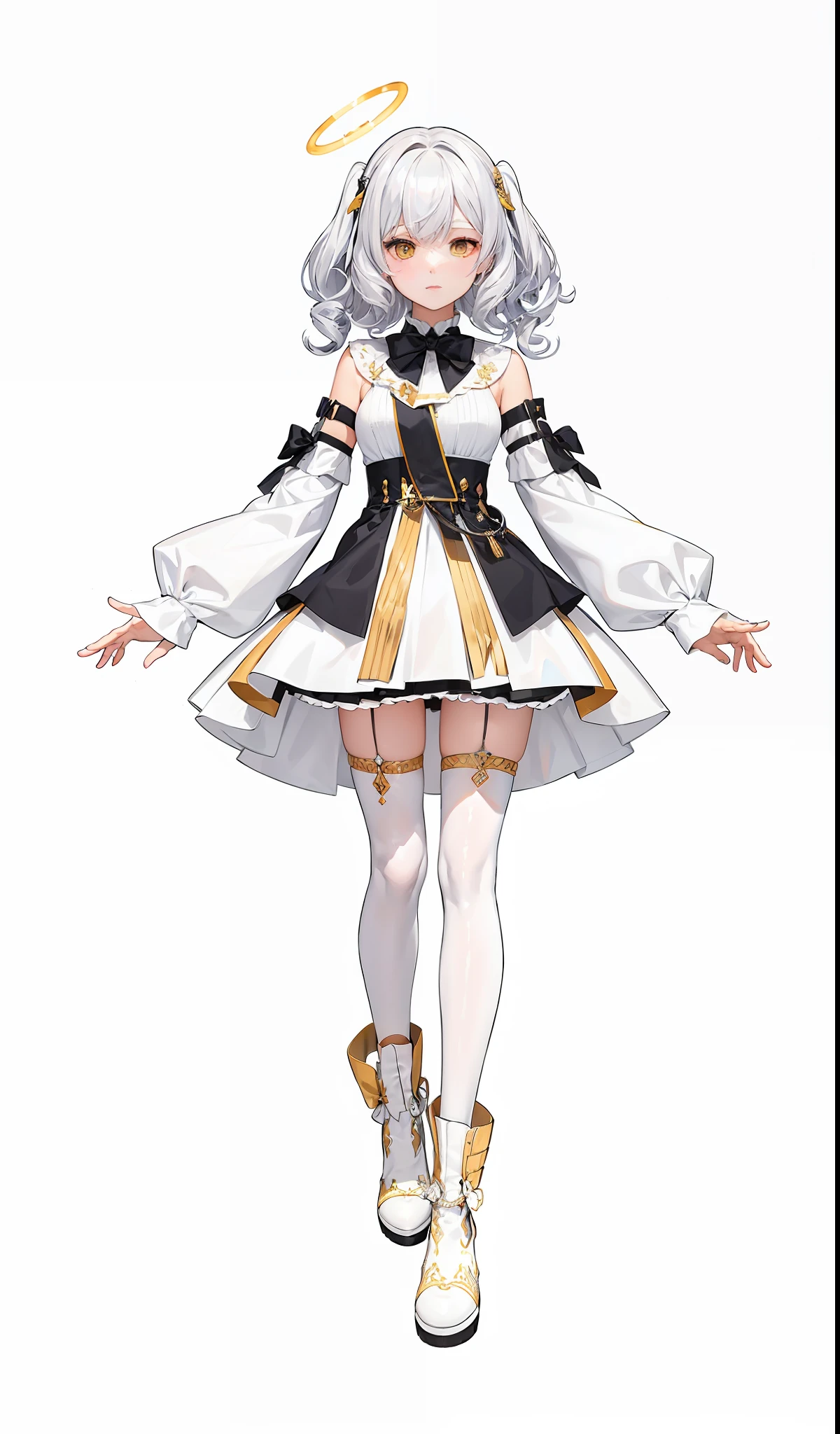 Eve (Esso), yellow eyes, small boobs, extremely_detailed CG), techno-conscious clothing, raglan sleeves, split sleeves, w'l'gan lapel short cape, white shirt underneath
Calf boots, plain white stockings, Klein sapphires, angel wings growing out of the ears, Android halo, short silver-white hair, curly hair
Gold trim, M-bangs, fingerless gloves, expressionless full body hair forbidden D, white shoes, lace-trimmed white skirt with gold trim, bow tie