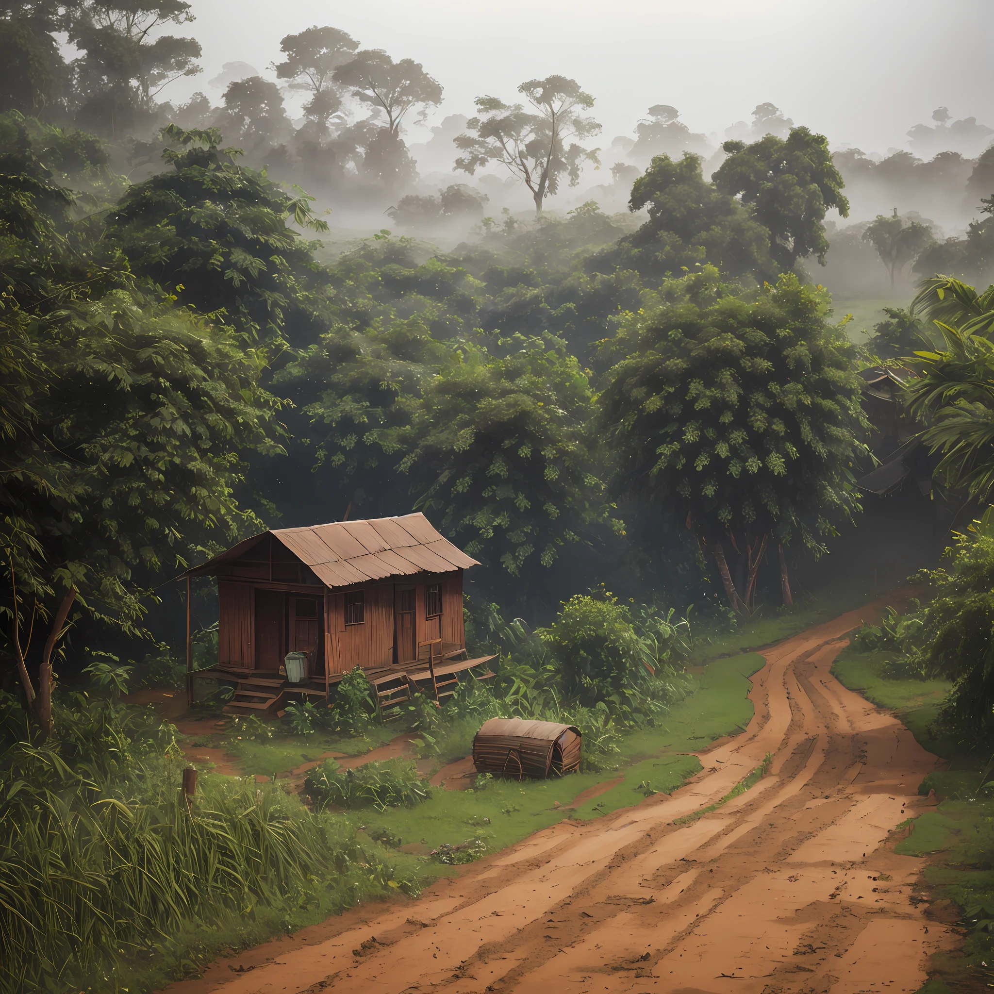 Burmese rural village, dirt road, shabby hut, muddy road, big trees, mist, rain, forest, nature, realistic, real detail, 8K --auto --s2