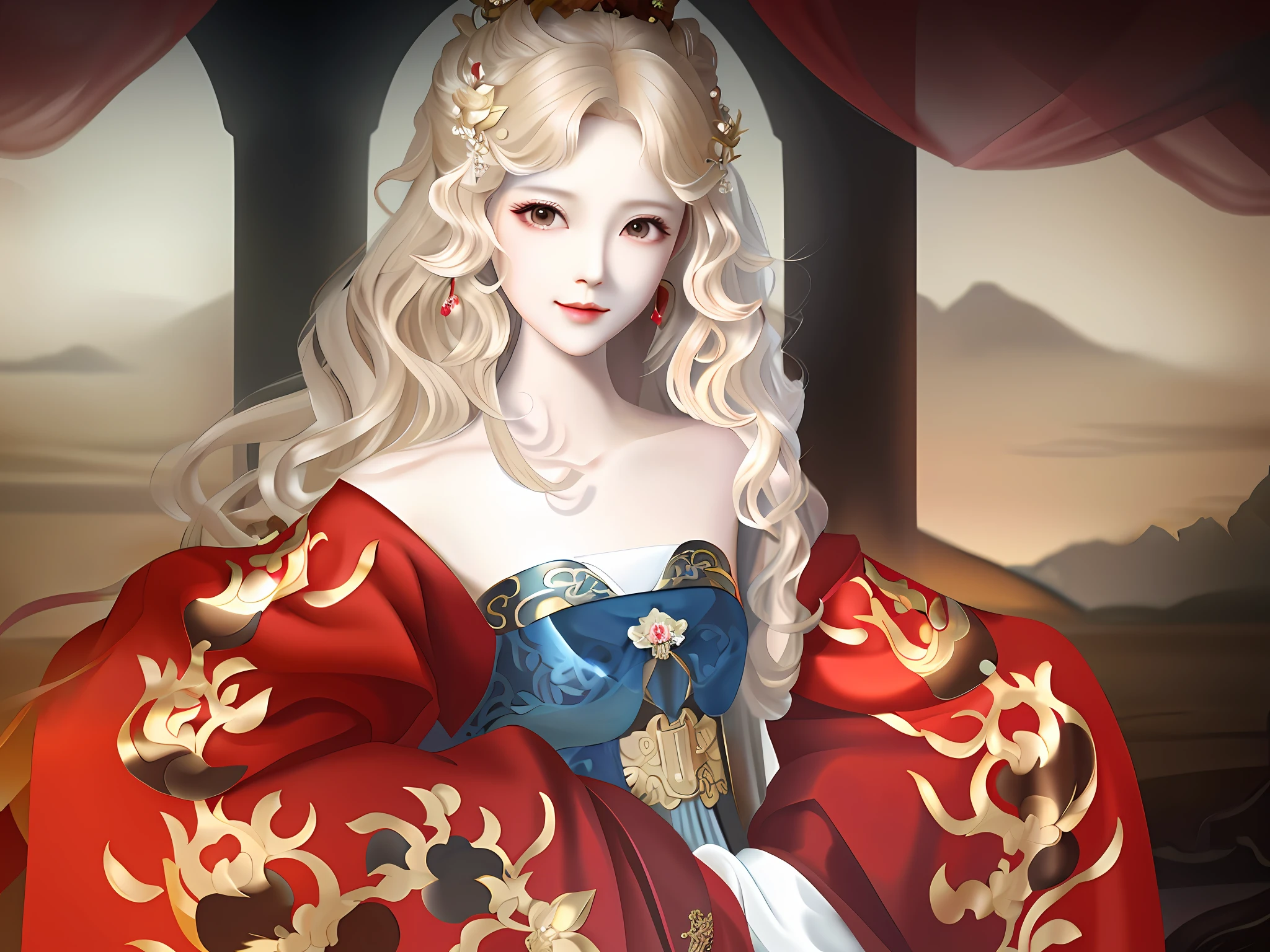 There is a blonde curly-haired woman in a red dress, palace, girl in Hanfu, beautiful fantasy queen, ((beautiful fantasy queen)), art in the Guvez style, Guwiz masterpiece, Guwiz, beautiful digital illustrations, beautiful character paintings, ancient Chinese princess, Guwiz in the shade