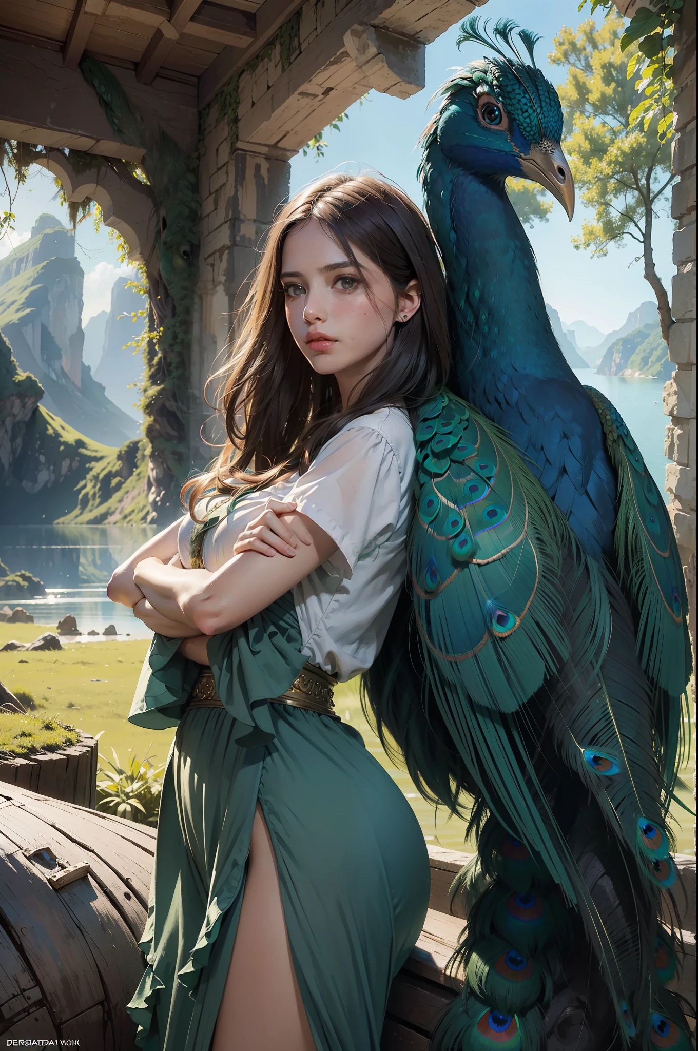 fantastic realism, masterpiece, super detailed, 1 beautiful girl, hugging a giant peacock, plain, background lake, detailed background, (top quality, Alessandro Casa Grande, Greg Rutkowski, Sally Mann, concept art, 4k),