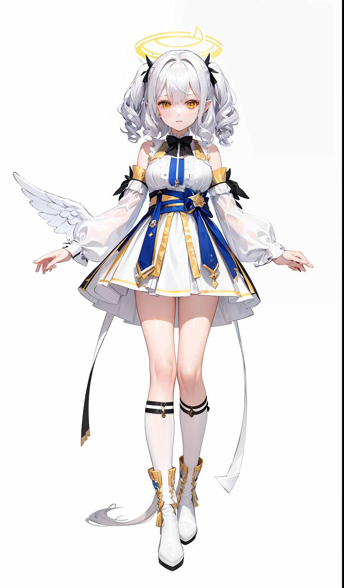 Eve (Esso), yellow eyes, small boobs, extremely_detailed CG), techno-conscious clothing, raglan sleeves, split sleeves, w'l'gan lapel short cape, white shirt underneath
Calf boots, plain white stockings, Klein sapphires, angel wings growing out of the ears, Android halo, short silver-white hair, curly hair
Gold trim, M-bangs, fingerless gloves, expressionless full body hair forbidden D, white shoes, lace-trimmed white skirt with gold trim, bow tie