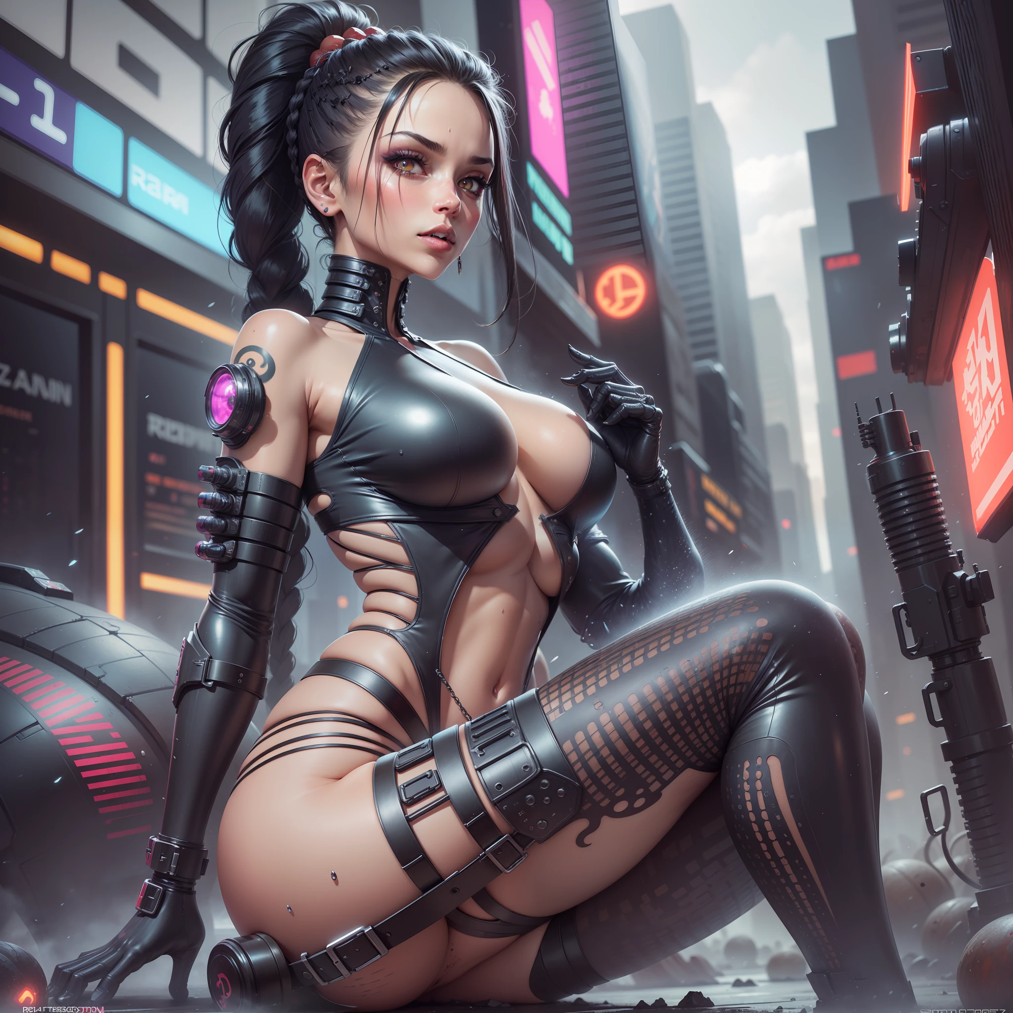 ((Cyberpunk art technique by Josan Gonzalez)), (Art inspired by the technique of Charles Lavesso) ,((Best masterpiece in the world)), art rich in colors, ((Realism)), (Brazilian woman), (extremely beautiful girl: 1.2), mature, sexy woman, (full body), (semi-naked girl), sexy pose, (Crisp face), (one eye is bionic), (ponytail hair with variations), shaved and braided hair on the side, hair, blond, black, red, random hair lock color, perfect body, strawberry mouth with shine, mouth little open, eyes symmetrical, seductive look, beautiful eyes ultra detailed and with brightness), makeup, perfect hands with 4 fingers and a thumb, full buttocks and rounded medium and laterally, tendency ass of the Brazilian, small and round breasts, and protruding areolas), (pubic hair barely visible), piercing in the navel, tattoos on the body, tattoo style Irezumi, thin waist, tanned skin, bikini marks on tanned skin, metehumam skin, hyper detailed skin with visible pores, small discolored body hairs, bionic, legging, (transparent crystal plastic top: 1.2), (transparent plastic bag), (transparent crystal plastic fabric), wet with sweat, (see through fabric), Cyber Punk style jacket, high heel shoes, ((Metropolises night city of Cyber Punk night background extremely detailed: 1.4)), cyber punk walking npcs, parked sport bikes, (billboards: 1.2), glass cover, disco, alley, beach, landscape, neon, wet floor, glow efect, (8k resolution: 1.2), (Canon EOS R6), Artstation trend, Lumen[, sharp, Unreal 5, photorealistic art, Ray Tracing, (High Dynamic Range 10 plus), surrealism, shadow, stereogram, Lens Flare light, (hyper realistic light and shadow: 1.2) ;