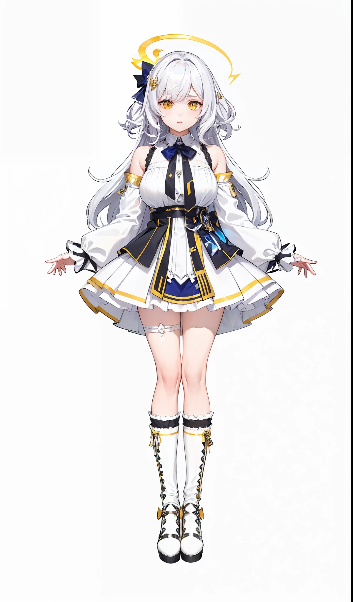 Eve (Esso), yellow eyes, small boobs, extremely_detailed CG), techno-conscious clothing, raglan sleeves, split sleeves, w'l'gan lapel short cape, white shirt underneath
Calf boots, plain white stockings, Klein sapphires, angel wings growing out of the ears, Android halo, short silver-white hair, curly hair
Gold trim, M-bangs, fingerless gloves, expressionless full body hair forbidden D, white shoes, lace-trimmed white skirt with gold trim, bow tie