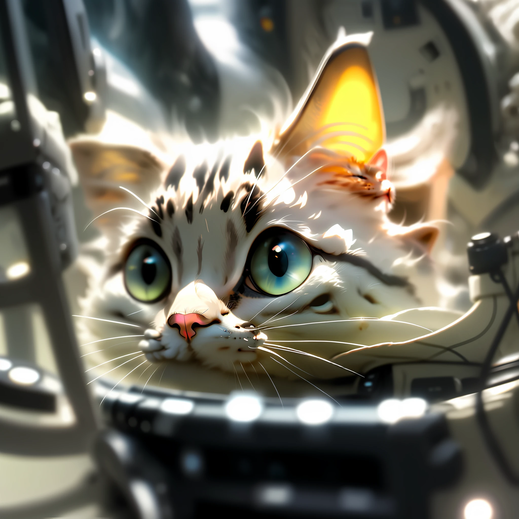 A cat in a spacesuit, (delicate and beautiful, realistic photos), surrounded by smoke and smog, natural lighting, shallow depth of field, Canon EOS-1D X Mark III, 50mm f/2.8 lens shot, (intricate detail, ultra-detailed), (RAW color), sharp focus, HDR, 4K resolution, cinematic.