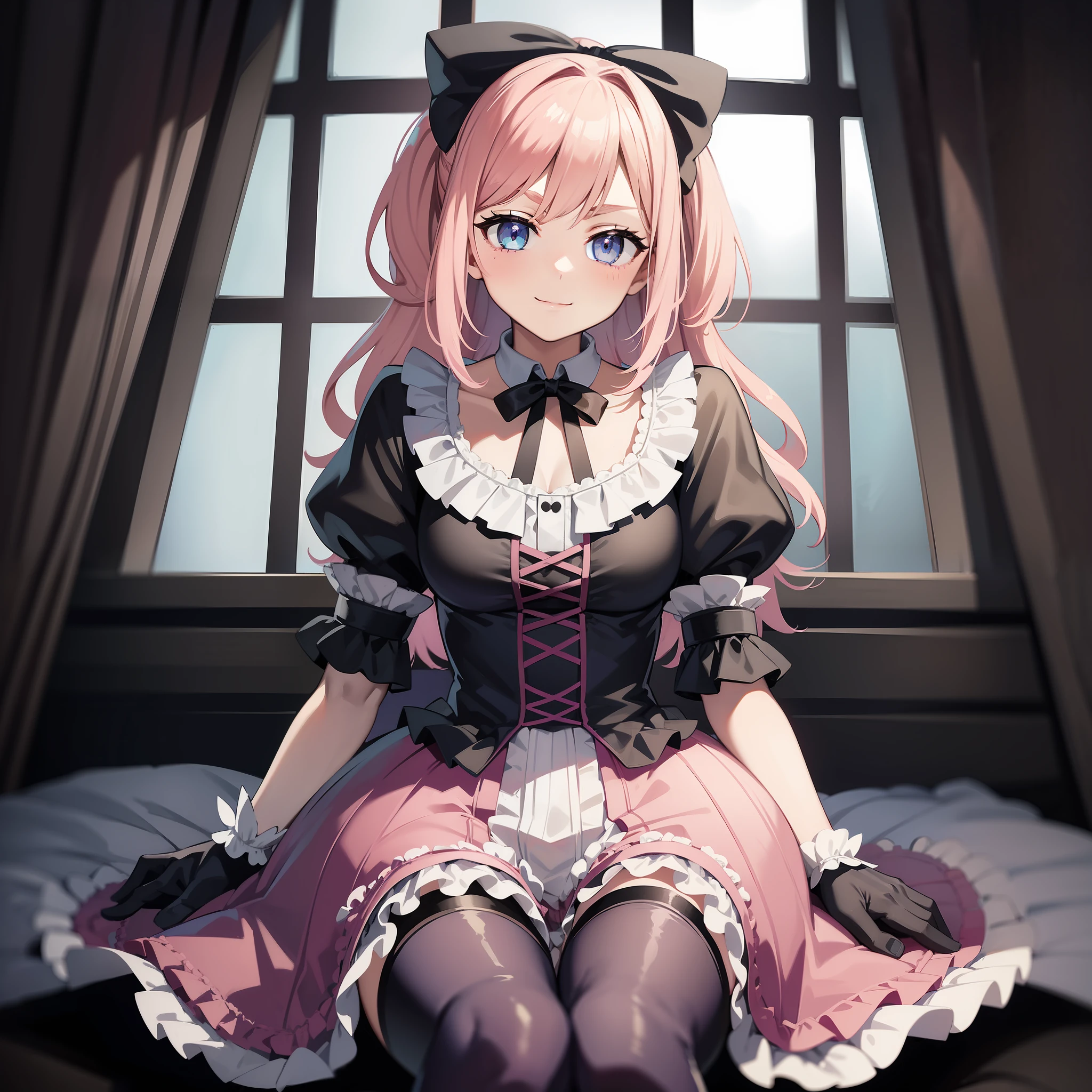 Character cover letter, pastel pink hair, sky blue eyes, gothic ta style, dress with lace and ruffles, details of crosses and bows, striped stockings, high boots with platform, gothic accessories, innocent look, sweet smile, gently arched eyebrows, sweetness and kindness, imaginative and dreamy, artistic sensibility.