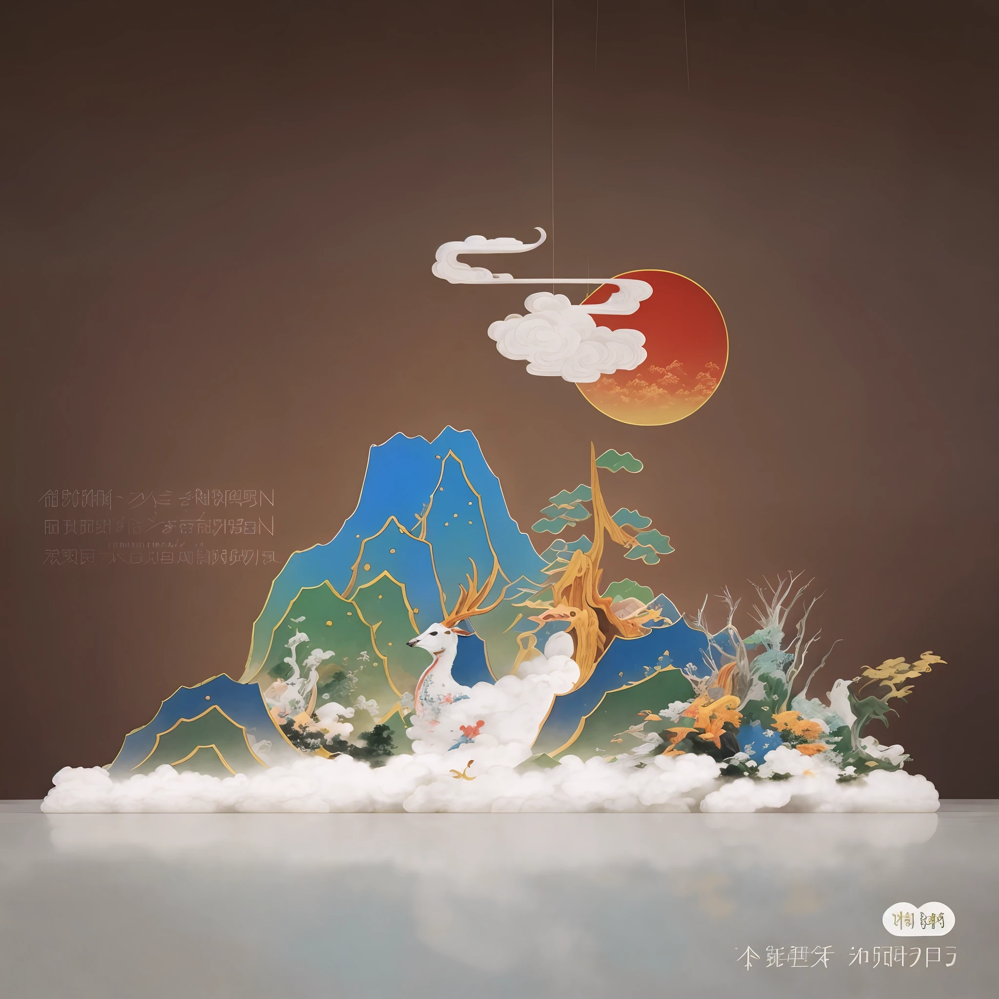 there is a paper sculpture of a deer and a mountain, lie on white clouds fairyland, 中 元 节, 千 葉 雄 大, inspired by Guan Daosheng, by Tang Sin Yun Sandara, 中 国 鬼 节, art cover, guanyin of the southern seas