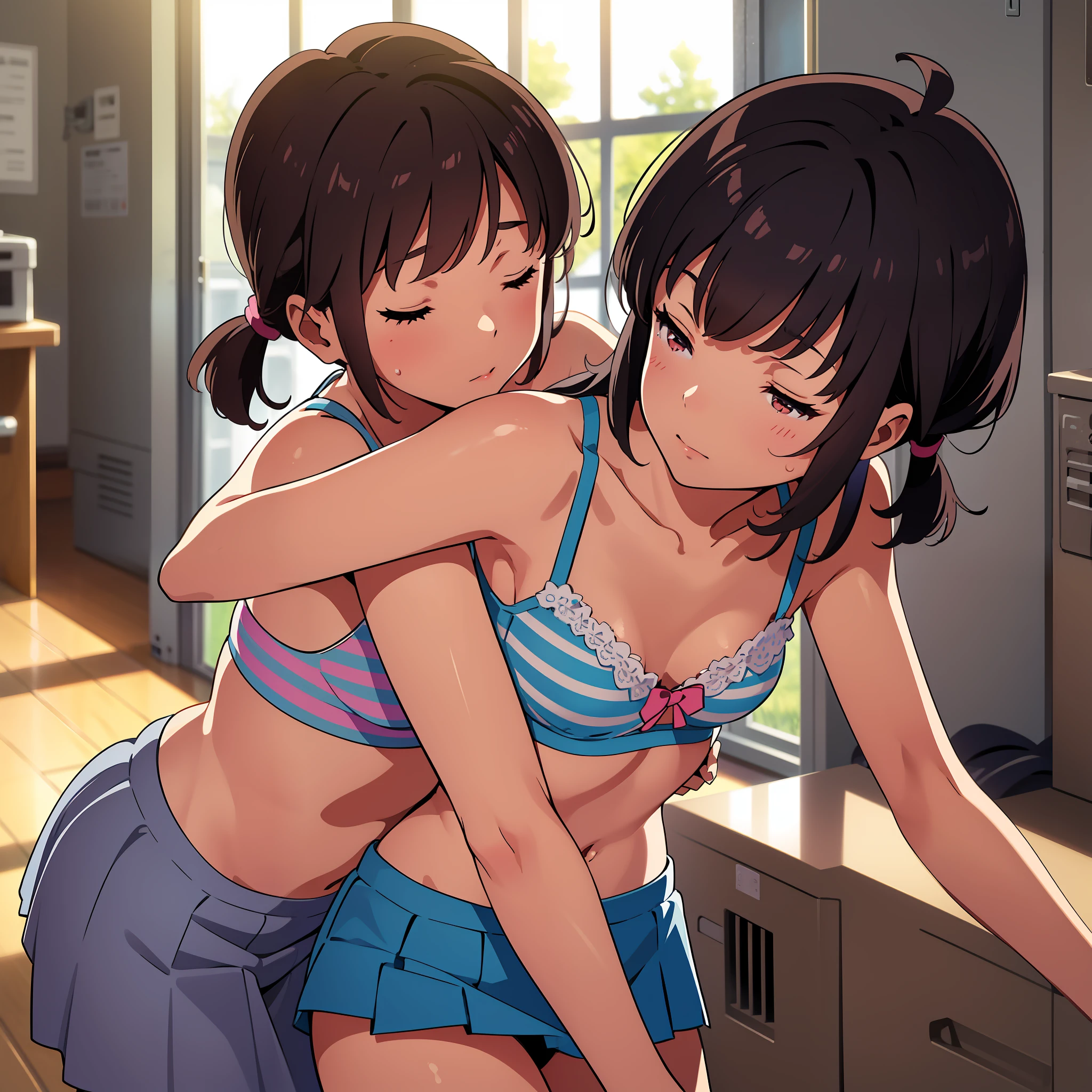 (finely best quality illustration:1.2), (kawaii girl:1.1), (1girl, solo:1), (2 girls, 8 years old, ****, child, little, kawaii, cute, small breasts, ultra detailed eyes:1.2), (yuri, kissing, hugging from behind, grabbing, half-closed eyes, eye contact:1.3), (sweat, embressed, blush:1.1), BREAK white bra, pink bra, blue bra, green bra, gray bra, light gray bra, striped bra, polka-dotted bra, plaid bra, cute bra, kids bra, sports bra, camisole, cotton panties, school skirt, BREAK black hair, blue hair, brown hair, very short hair, short hair, medium hair, long hair, wavy hair, curly hair, braid hair, hime cut, bob cut, twintails, low twintails, ponytail, low ponytail, BREAK (locker room:1.2), (dusk, twilight, orange sun light:1.2), BREAK (best quality, ultra detailed, extremely detailed and beautiful, ultra high res, detailed arms:1.2), nsfw