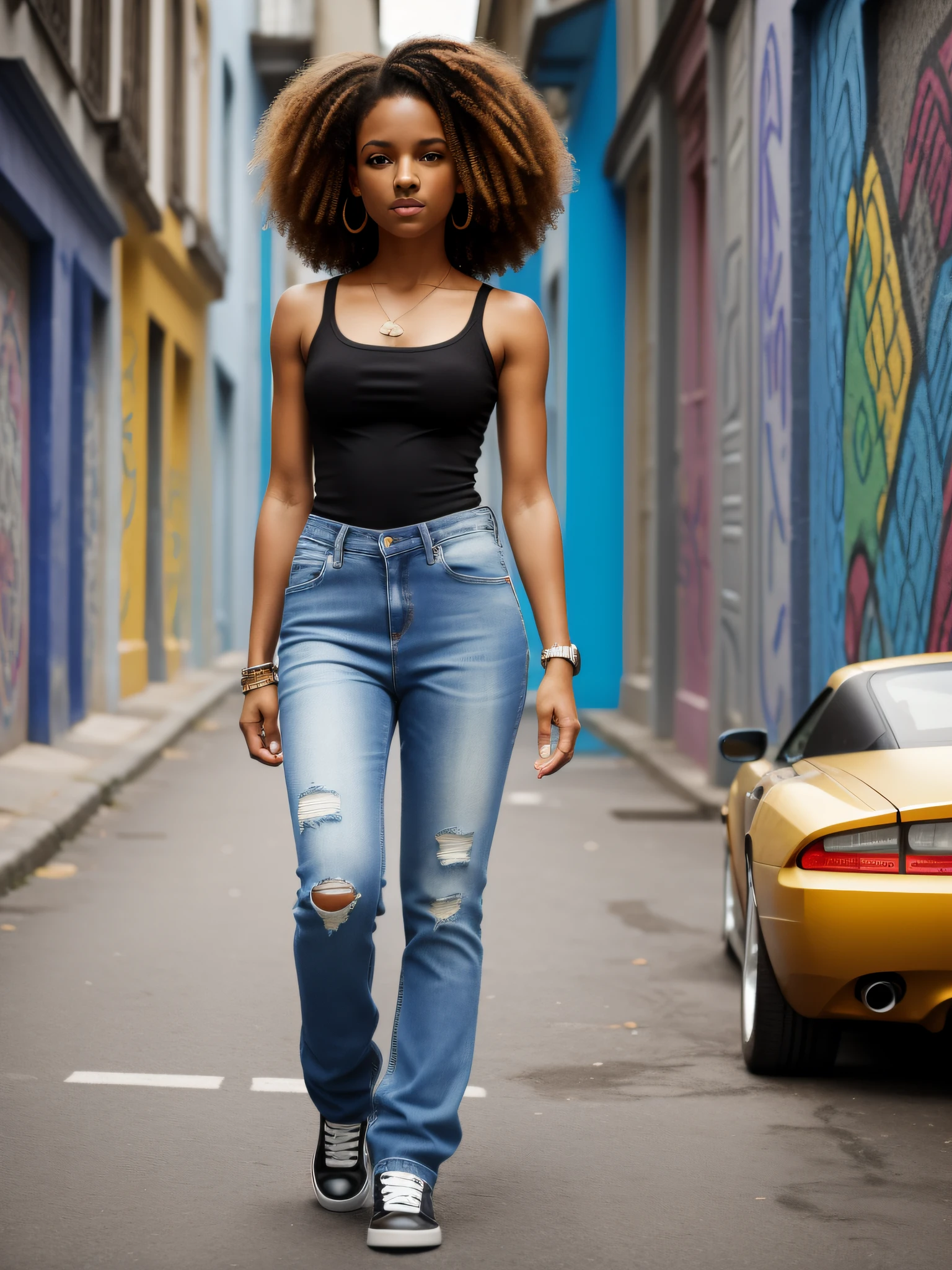 street girl, modern style dress, blue top dress without bra underneath, jeans with rip, with curly brown hair, mulatto skin, a tribal tattoo on the arm, black eyes, ((full body)), ((perfect face)),((perfect iris eyes)), walking in the city by day, on street with some cars and walls with graffiti art, Social realism,  Realism, ray tracing, reflection light, high quality, high details, super detail, 8k, 16k, best quality