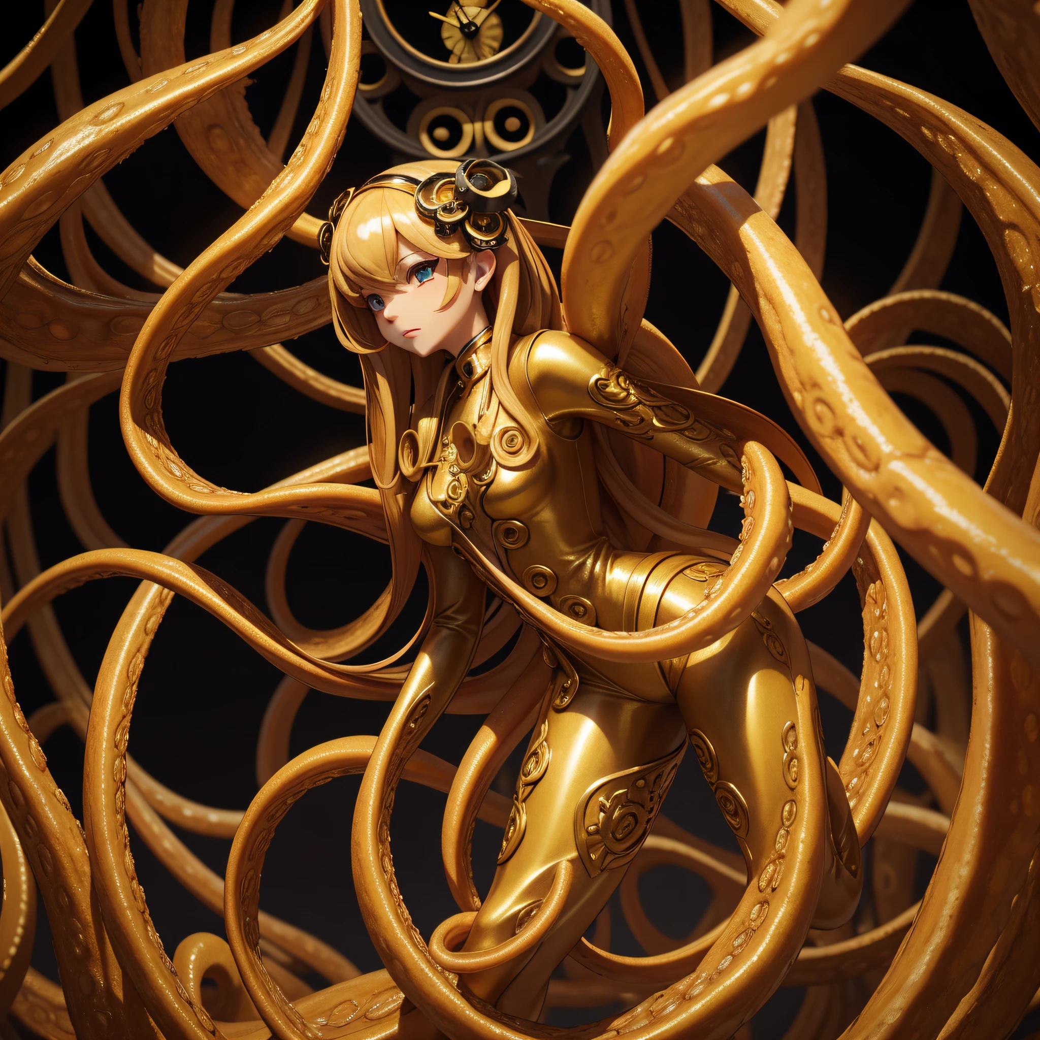 cephalopod, golden tentacles, ebony and white clocks held in tentacles, golden wings, master of fate, masterpiece, Best Quality