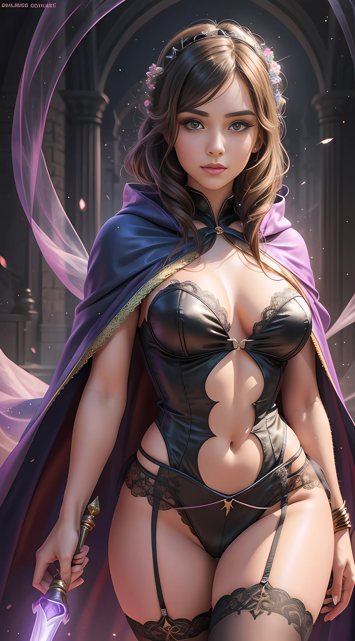 A woman, holding a magic wand, lace tulle tights, cape cape, broken cloak cape, full of magic, magic special effects, beautiful girl, model, beautiful body and face, attractive body, beautiful woman, , gorgeous young woman, perfect body,  body,  body and face, beautiful body, beautiful model girl, ray tracing, bright colors, realistic style