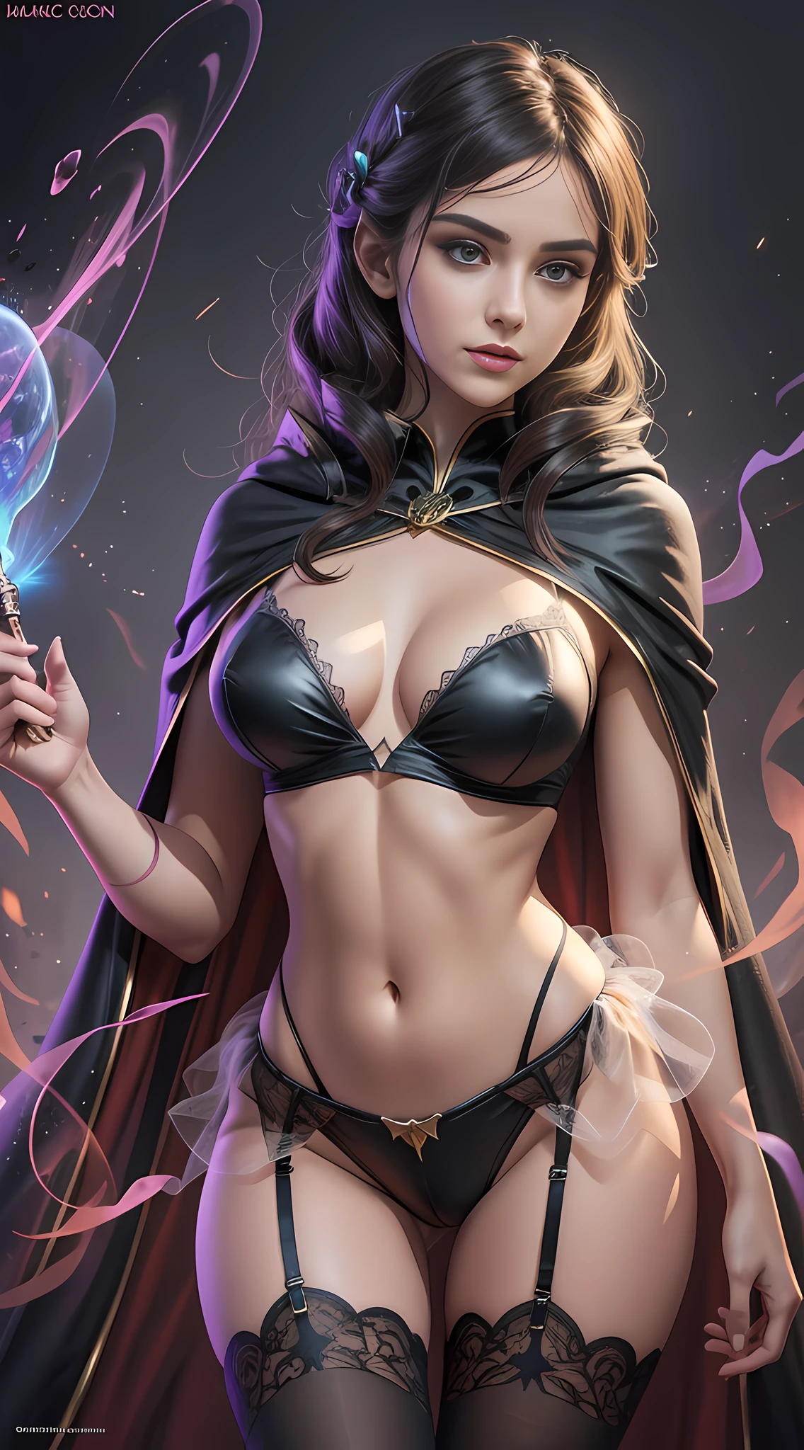 A woman, holding a magic wand, lace tulle tights, cape cape, broken cloak cape, full of magic, magic special effects, beautiful girl, model, beautiful body and face, attractive body, beautiful woman, sexy girl, gorgeous young woman, perfect body, sexy body, sexy body and face, beautiful body, beautiful model girl, ray tracing, bright colors, realistic style