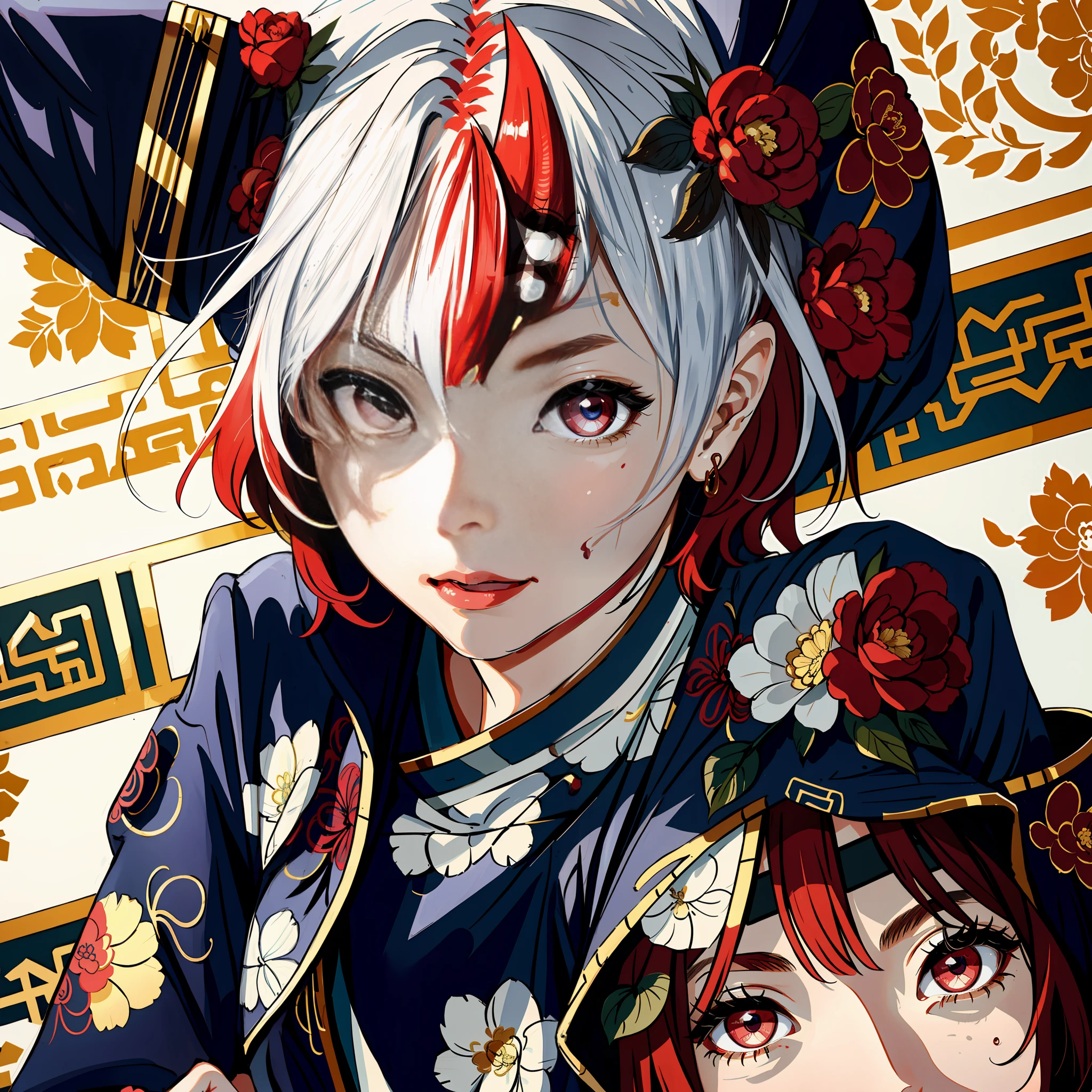 (chinoiserie, high resolution, super detailed), 1 girl, mature woman, intricate details, enlarged texture, intricate details, fine eyes and detailed face, intricate details, red hair, (shut up), perfect eyes, matching eyes, short clothes, sweaty skin, facing the camera