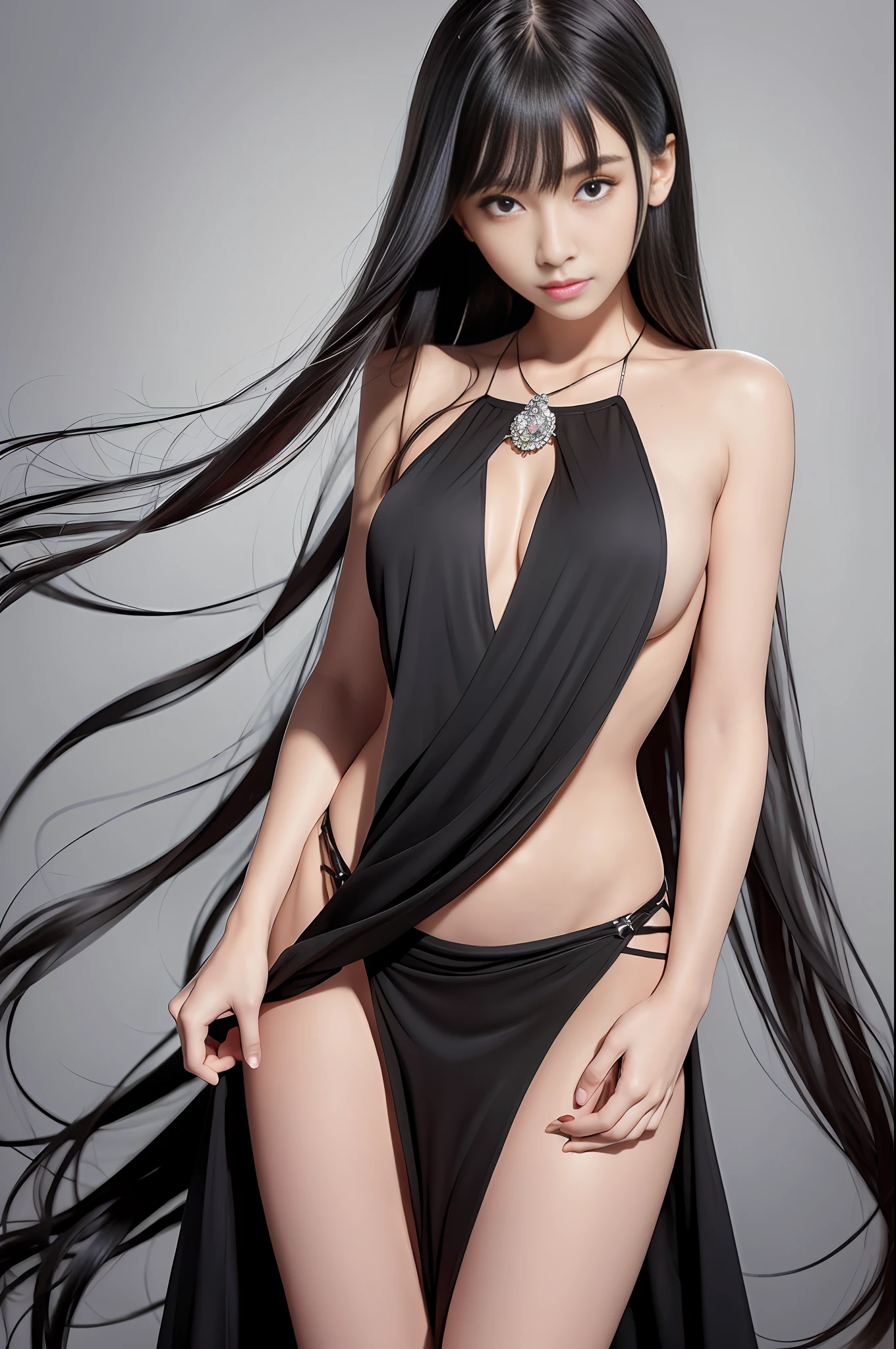(RAW Photos: 1.2), (Photorealistic: 1.4), (Masterpieces: 1.3), (Best Quality: 1.4), Dreamy, (Detailed Eyes), (Detailed Facial Features), (Detailed Clothing Features), Skin Tightening, (Shiny Skin), (Slender Girls), (Slim Girls), 1 Girl, Solo, Cute, Innocent, Smry, Virtual Girl-Aim, (Big Breasts), BangsStraight Hair, Long Hair, Black Hair, Black Eyes, Crystal Pendant, Long Dress, (Floating Hair: 1.6),, (Natural Light from Back: 1.4), Crawl on all fours, Raise your buttocks high