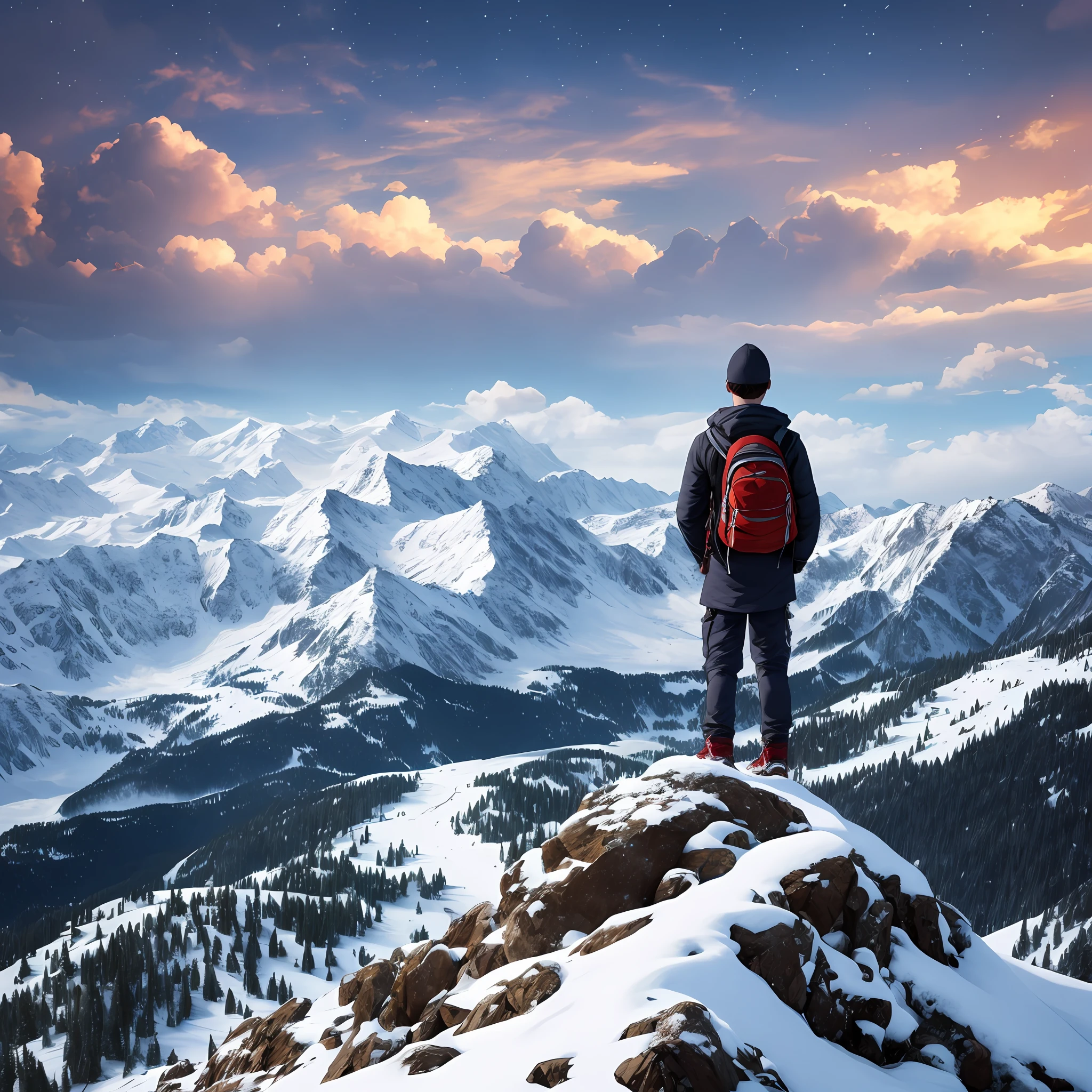 Accurate picture,8k, ultra realistic, highly detailed, masterpiece,top quality, high resolution,1 boy, top of a mountain, looking back,snow fall,alone boy,open hand,feel wind & height --auto --s2