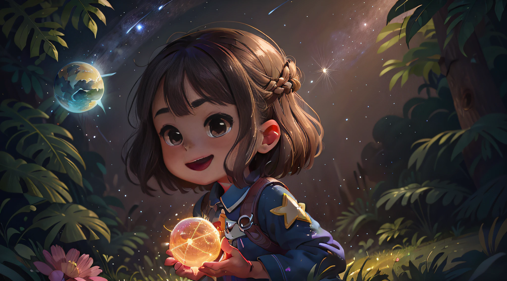 A happy 5-year-old girl holding a star, surrounded by bright stars. She is wearing a blue jumpsuit and has wide eyes with admiration and happiness. Around it, the lush planets are scattered, each with its own unique characteristics and vibrant colors. Sofia is reaching out to touch a special shooting star that is passing right next to her. The star is shining brightly, leaving a luminous trail in its path, particles of light. The magical glow surrounds Sofia's body, creating a resplendent aura around her., (long shot), (8k illustration), (super detail), (super detailed face), (flickering light), (detailed face)