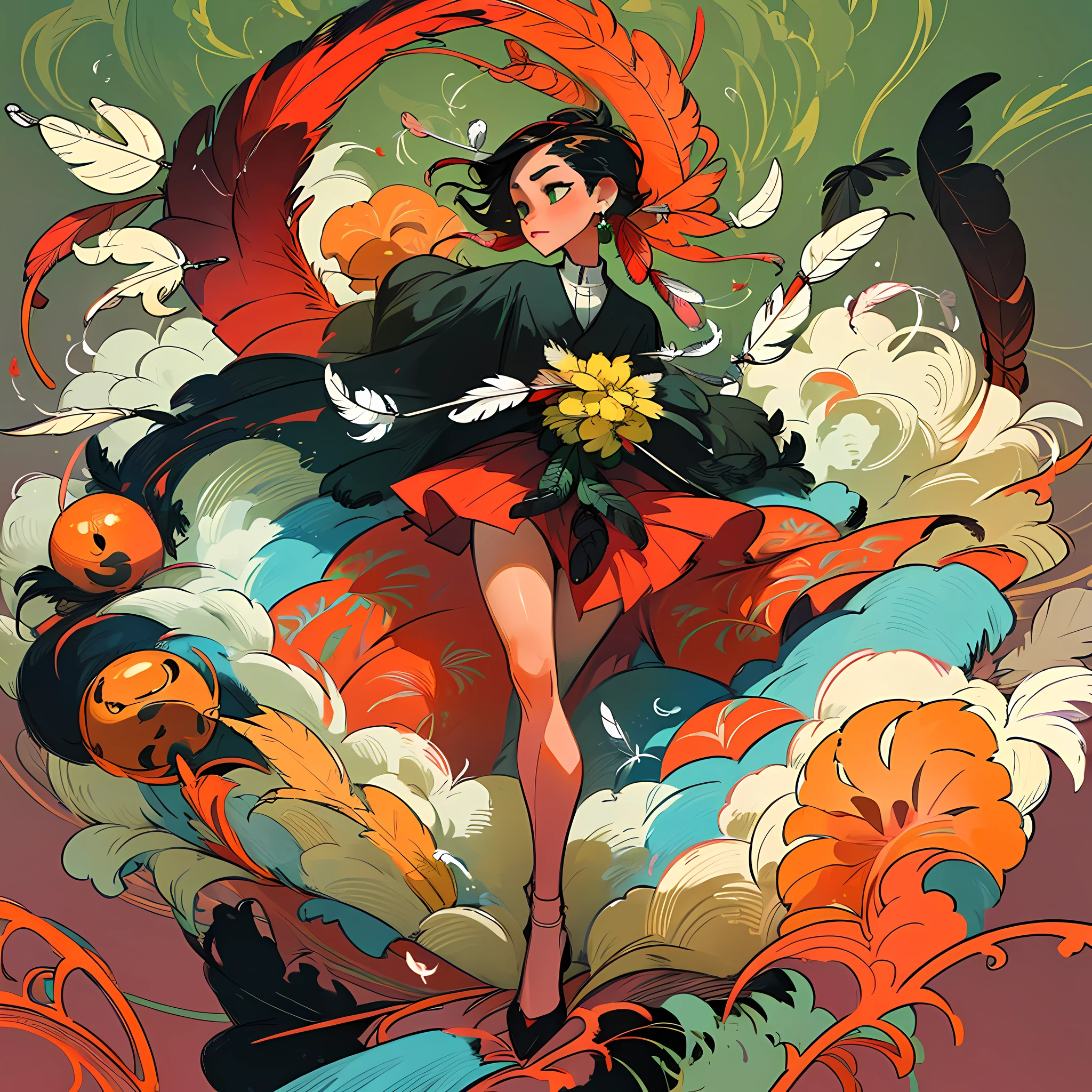 (Masterpiece, Top Quality, Best Quality, Official Art, Beauty and Aesthetics: 1.2), (1girl: 1.3), Very Detailed, (Fractal Art: 1.1), (Green: 1.1) (Flowers: 1.3), Most Verbose, (Zentangle: 1.2), (Dynamic Pose), (Abstract Background: 1.3), (Shiny Skin), (Many Colors: 1.4), ,( earrings), (feathers:1.5), (flamethrowers:1.3), red background, phoenix skirts,