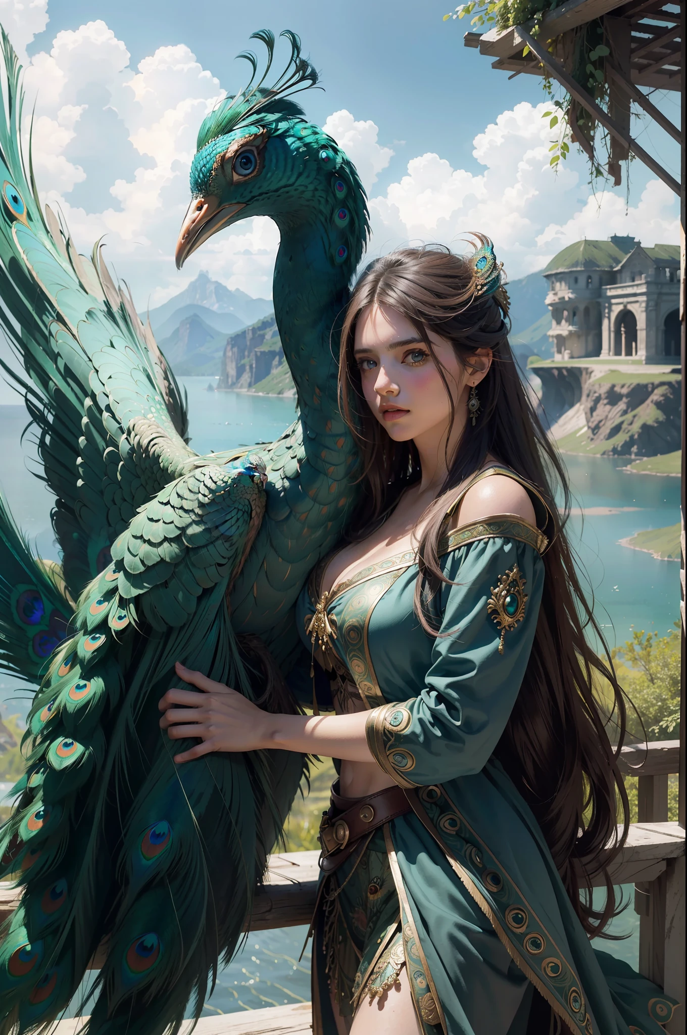 fantastic realism, masterpiece, super detailed, 1 beautiful girl, hugging a giant peacock, plain, background lake, detailed background, (top quality, Alessandro Casa Grande, Greg Rutkowski, Sally Mann, concept art, 4k),