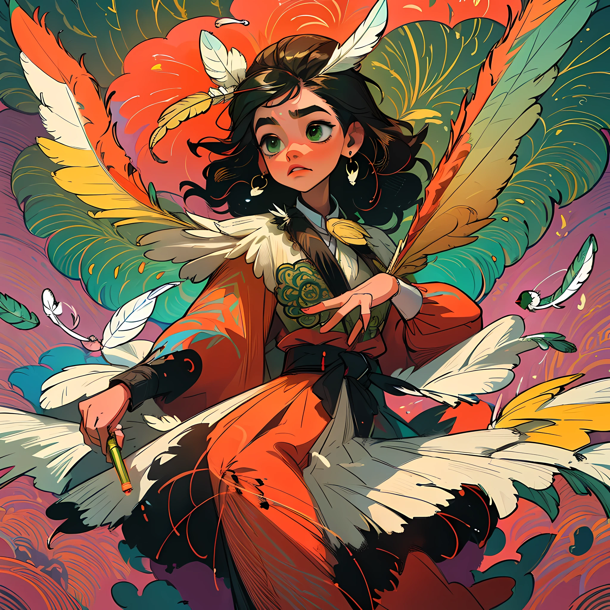 (Masterpiece, Top Quality, Best Quality, Official Art, Beauty and Aesthetics: 1.2), (1girl: 1.3), Very Detailed, (Fractal Art: 1.1), (Green: 1.1) (Flowers: 1.3), Most Verbose, (Zentangle: 1.2), (Dynamic Pose), (Abstract Background: 1.3), (Shiny Skin), (Many Colors: 1.4), ,( earrings), (feathers:1.5), (flamethrowers:1.3), red background, phoenix skirts,